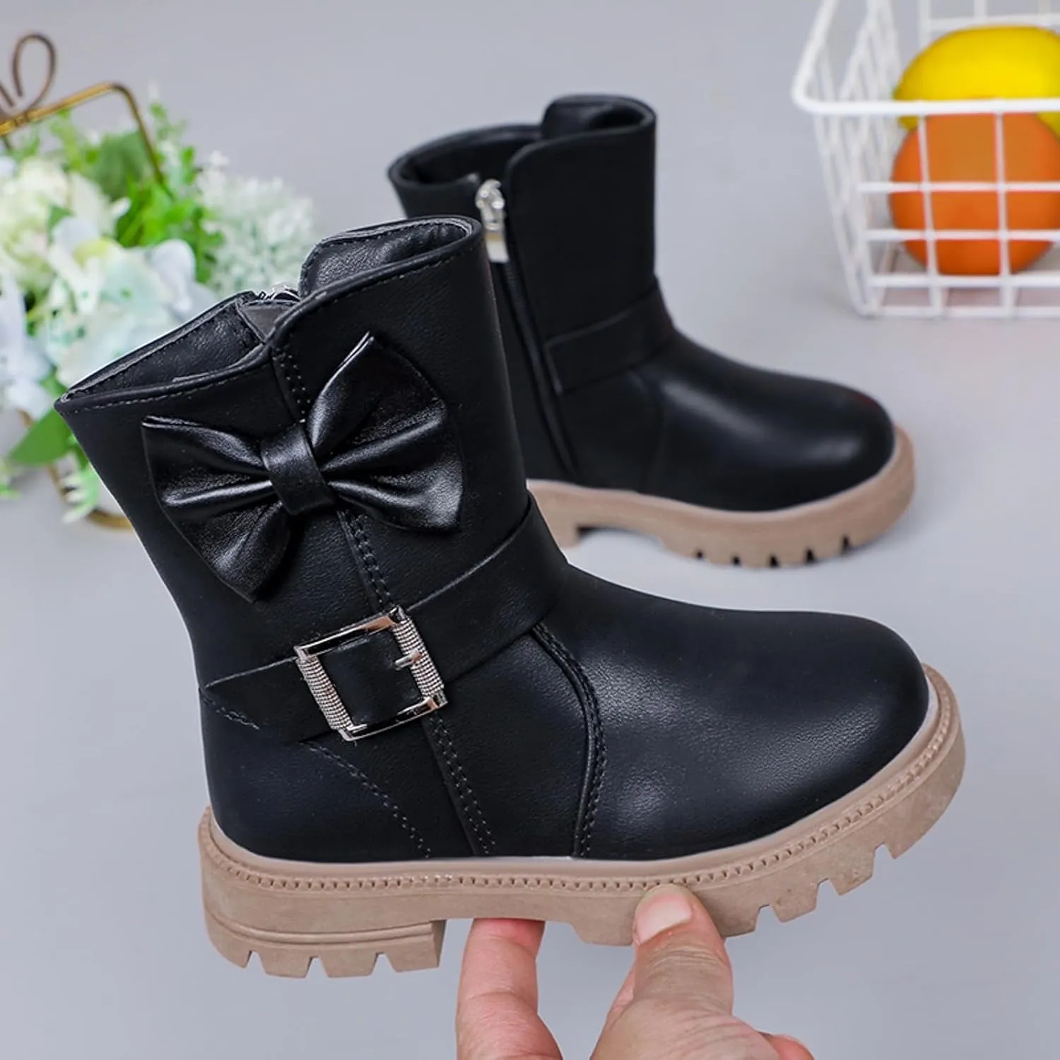 Little Girls Boots Cute Bowknot Dress Boots Anti Slip Low Heel Boots Fashion Comfortable Motorcycle Riding Boots