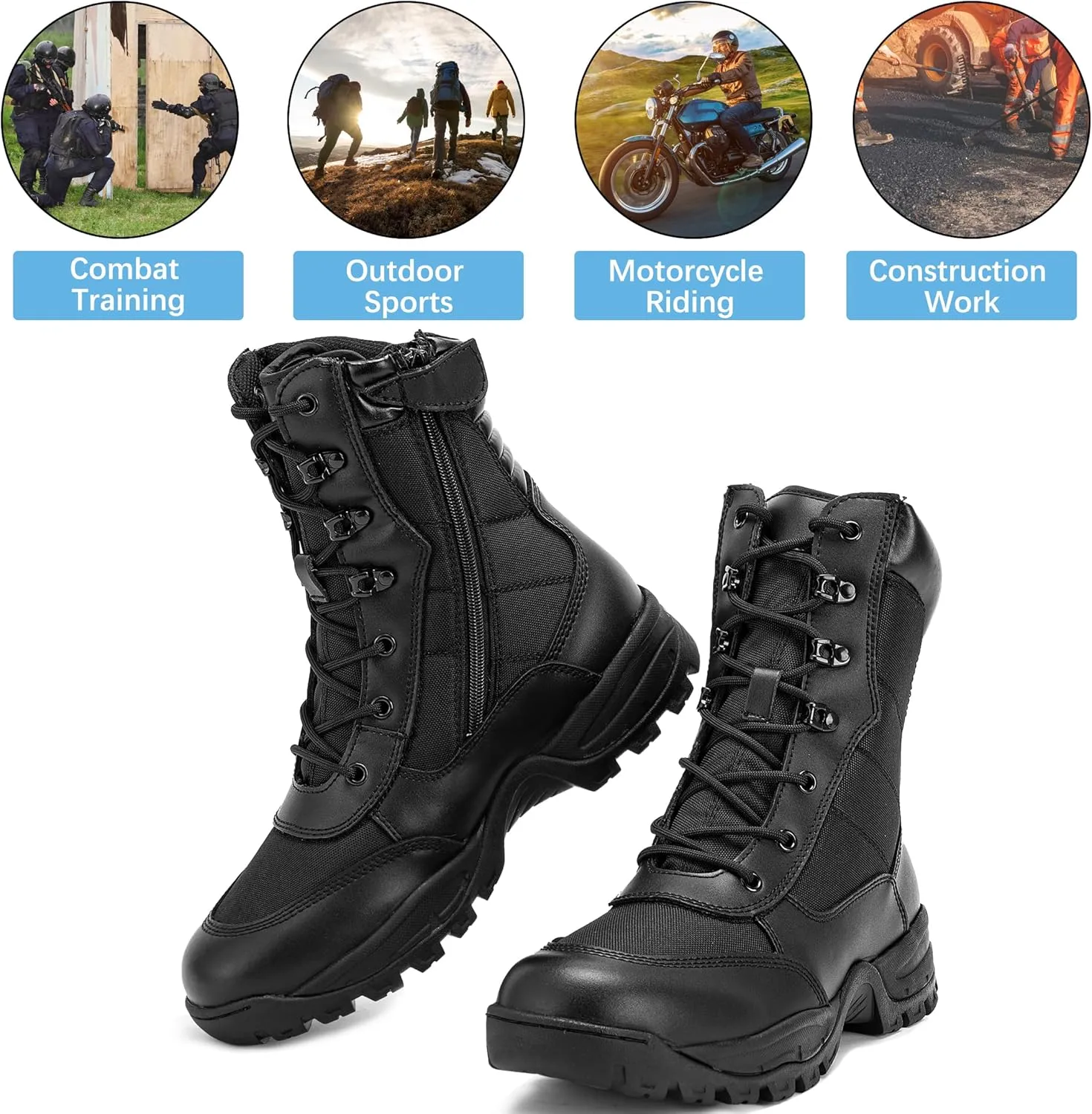 Men's 8 Inches Military Tactical Work Boot With Side Zipper - Lightweight Army Combat Desert Boot for Outdoor Use