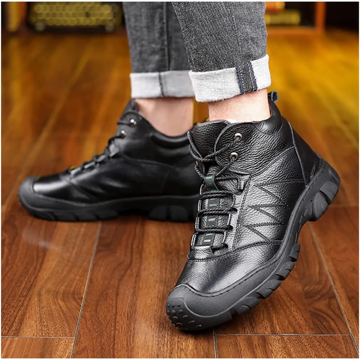 Mens Boots Winter Casual Men's Cotton Shoes, Fur Outdoor Hiking Boots, Plus Velvet Warm High-top Leather Snow Boots Men