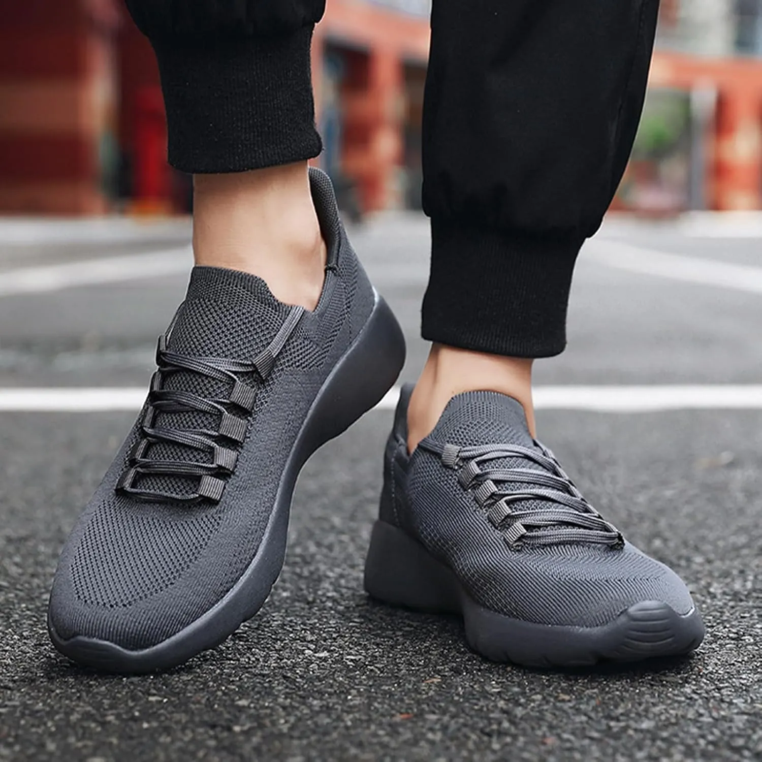 Men's Knit Lace Up Running Shoes Breathable Mesh Slip on Tennis Trainers Sneakers Lightweight Driving Walking Casual Shoes