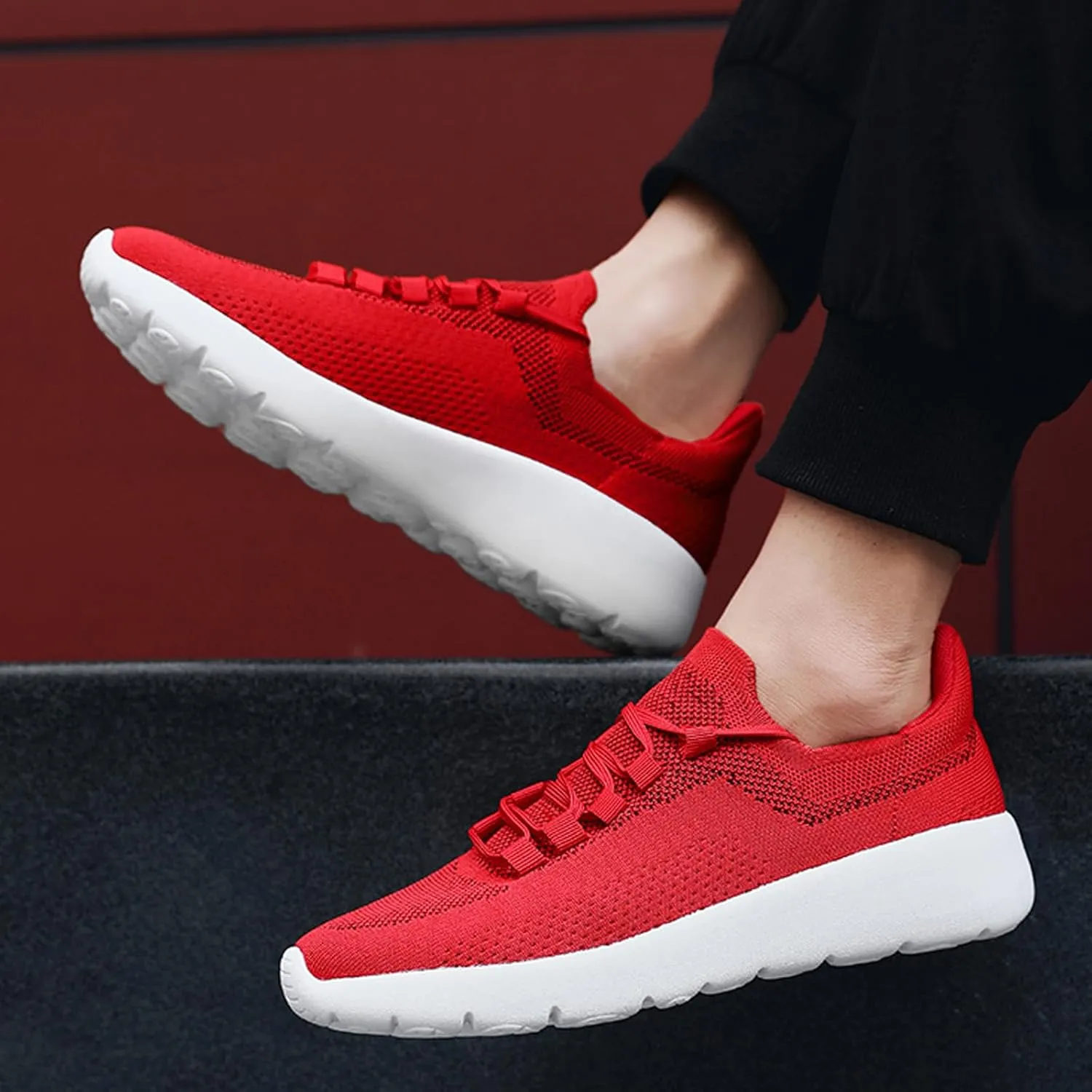 Men's Knit Lace Up Running Shoes Breathable Mesh Slip on Tennis Trainers Sneakers Lightweight Driving Walking Casual Shoes