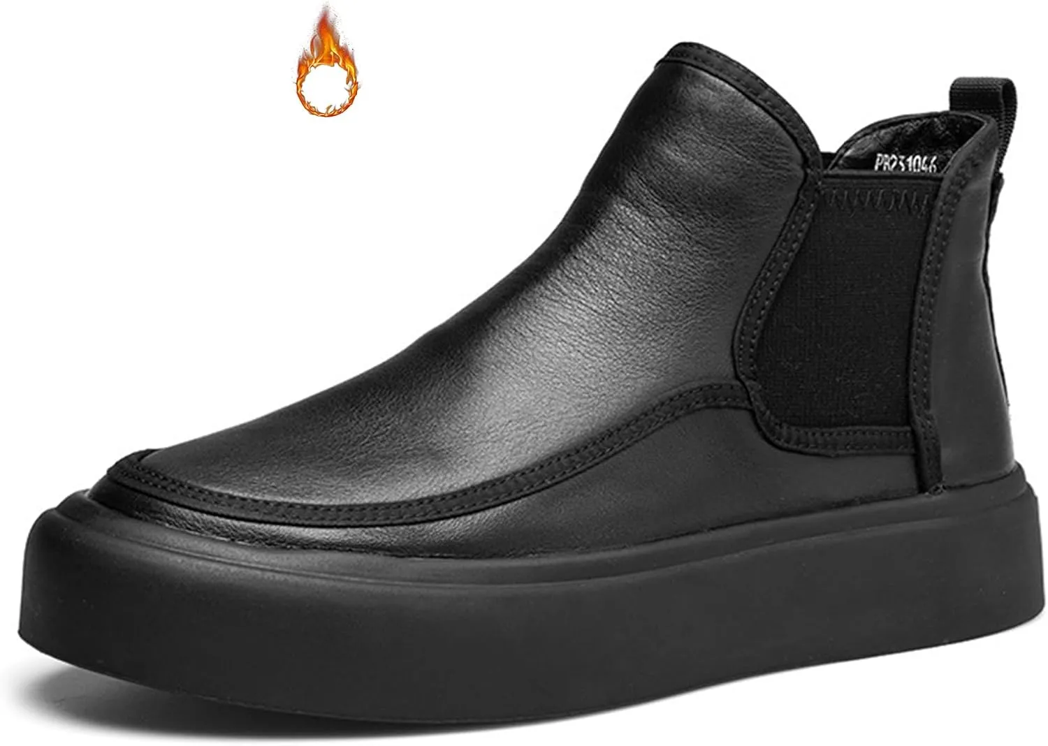 Men's Leather Platform Chelsea Boots Round Toe Comfortable Fur Lined Elastic Slip-On Casual Ankle Boots Mid-Top Business Work Dress Booties