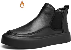 Men's Leather Platform Chelsea Boots Round Toe Comfortable Fur Lined Elastic Slip-On Casual Ankle Boots Mid-Top Business Work Dress Booties