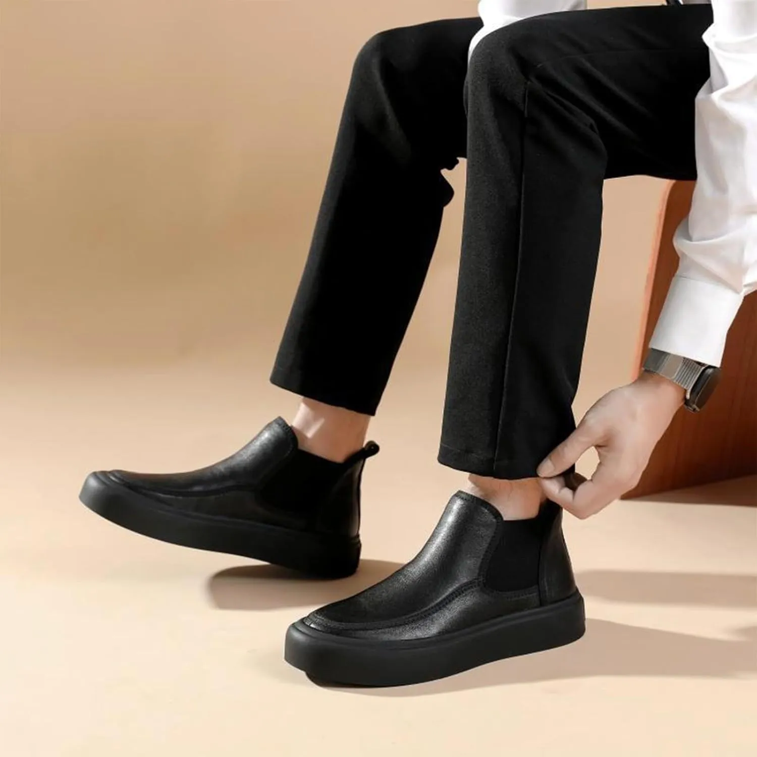 Men's Leather Platform Chelsea Boots Round Toe Comfortable Fur Lined Elastic Slip-On Casual Ankle Boots Mid-Top Business Work Dress Booties