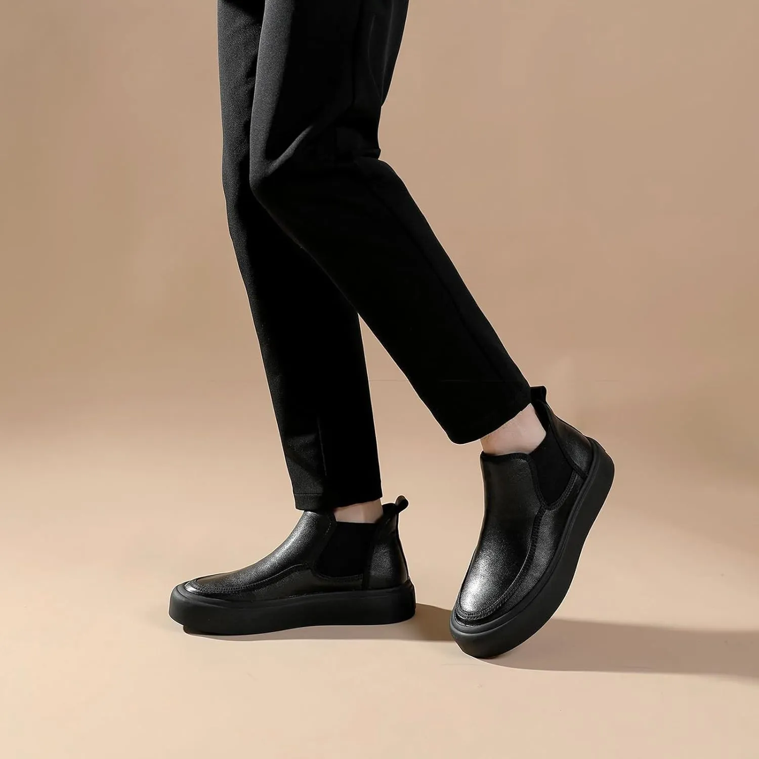 Men's Leather Platform Chelsea Boots Round Toe Comfortable Fur Lined Elastic Slip-On Casual Ankle Boots Mid-Top Business Work Dress Booties