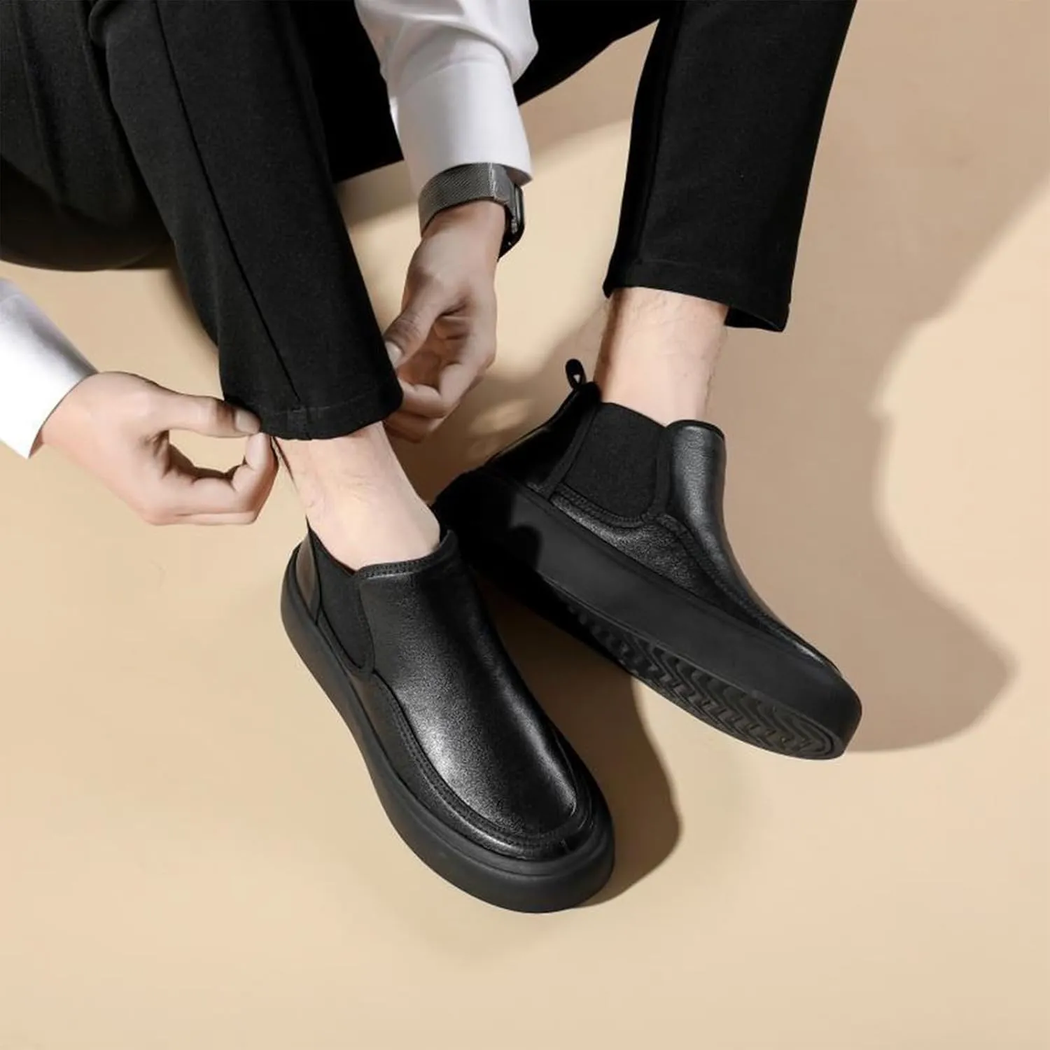 Men's Leather Platform Chelsea Boots Round Toe Comfortable Fur Lined Elastic Slip-On Casual Ankle Boots Mid-Top Business Work Dress Booties