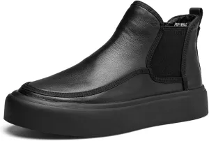 Men's Leather Platform Chelsea Boots Round Toe Comfortable Fur Lined Elastic Slip-On Casual Ankle Boots Mid-Top Business Work Dress Booties