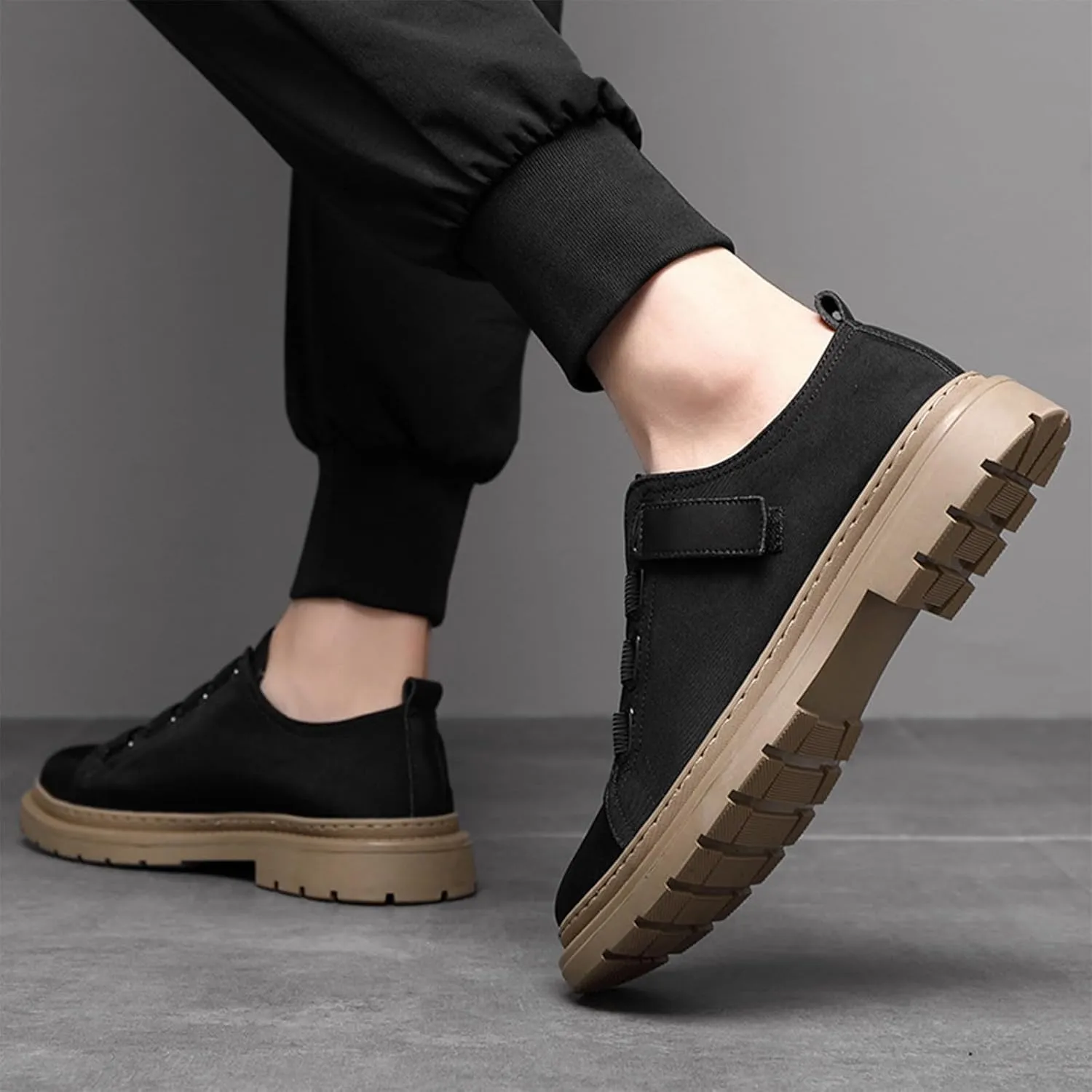 Men’s Low Top Lug Sole Lace Up Canvas Oxfords with Hook Loop Causal Comfortable Platform Anti-Slip Breathe Walking Sneakers for Daily Walk Work Driving