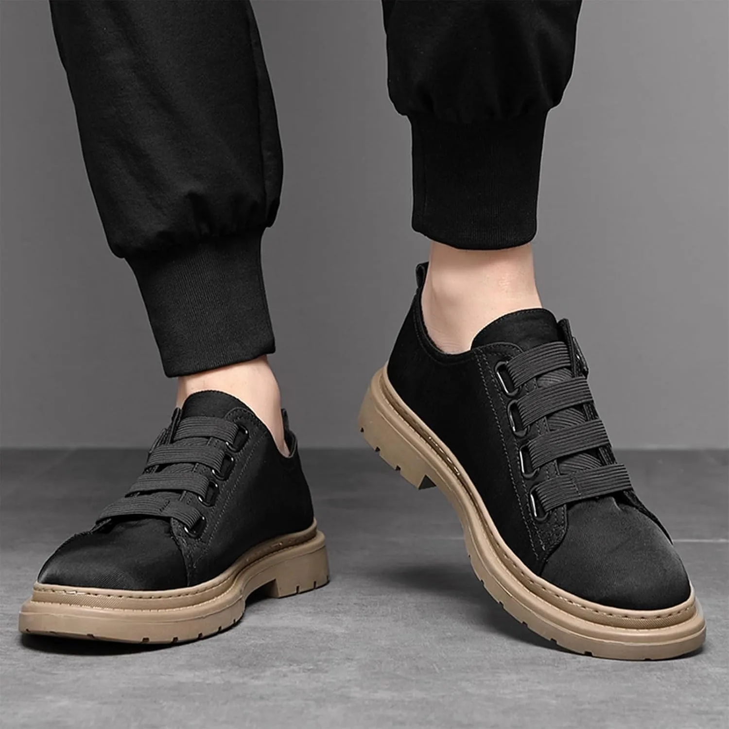 Men’s Low Top Lug Sole Lace Up Canvas Oxfords with Hook Loop Causal Comfortable Platform Anti-Slip Breathe Walking Sneakers for Daily Walk Work Driving