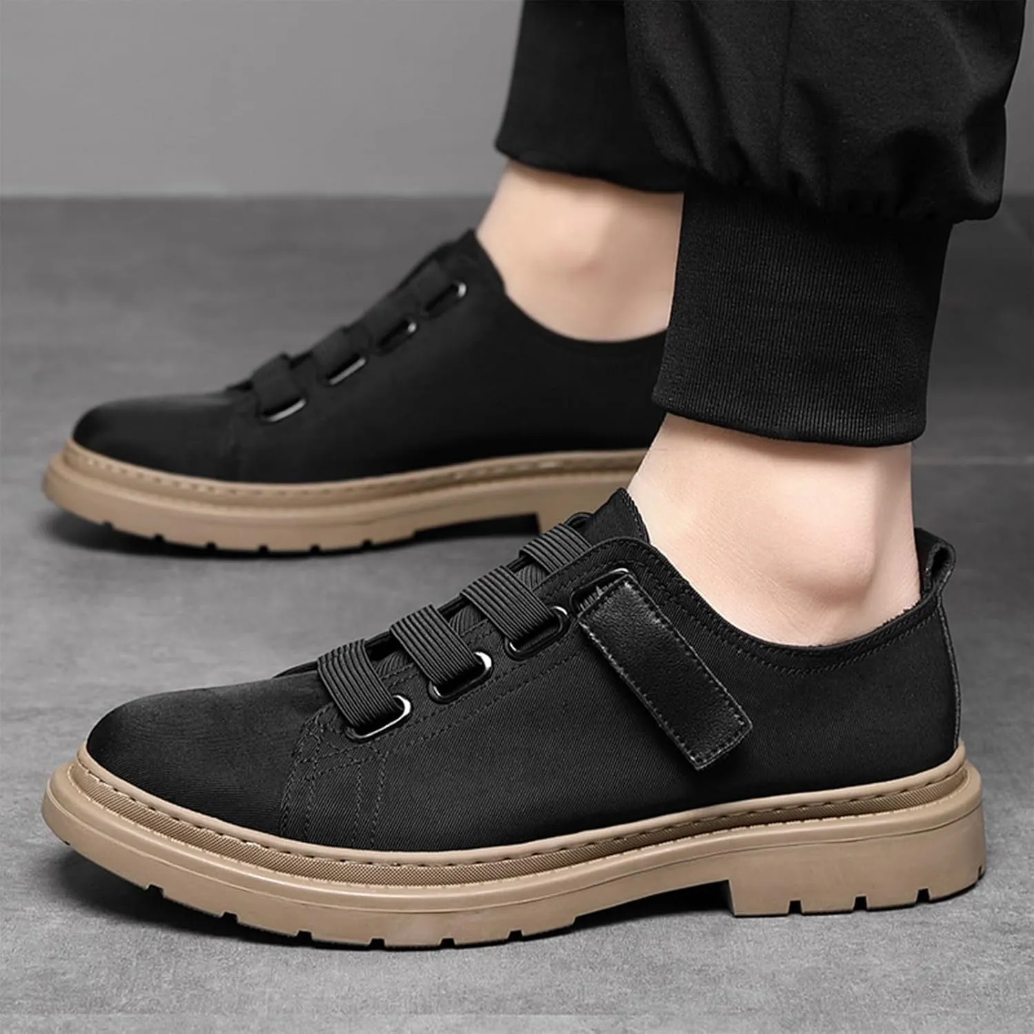 Men’s Low Top Lug Sole Lace Up Canvas Oxfords with Hook Loop Causal Comfortable Platform Anti-Slip Breathe Walking Sneakers for Daily Walk Work Driving