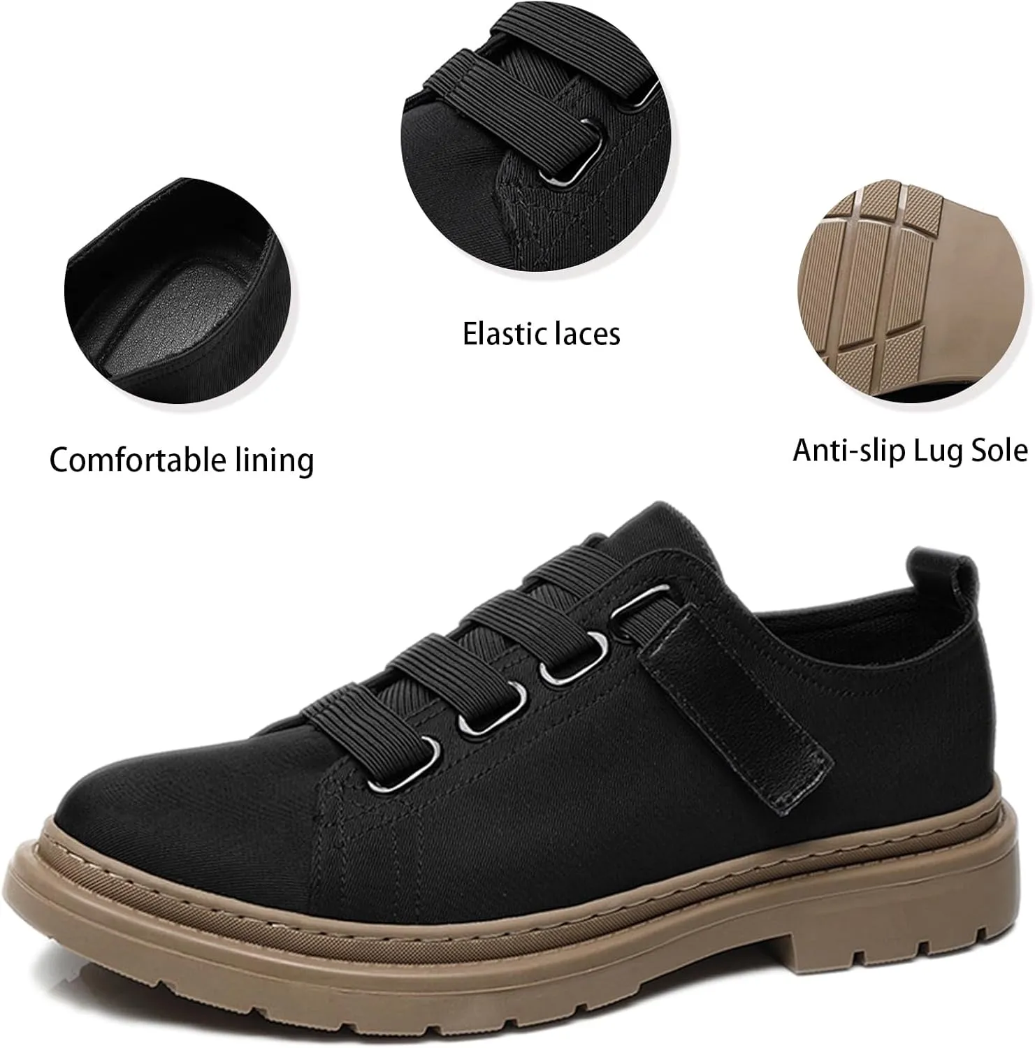 Men’s Low Top Lug Sole Lace Up Canvas Oxfords with Hook Loop Causal Comfortable Platform Anti-Slip Breathe Walking Sneakers for Daily Walk Work Driving