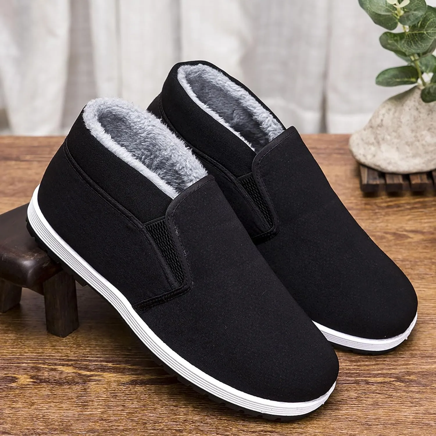 Mens Snow Boots Waterproof Fuzzy Furry Lined Winter Loafers Cold Weather Anti-Slip Ankle Boots Slip on Athletic Hiking Walking Shoes Sneakers