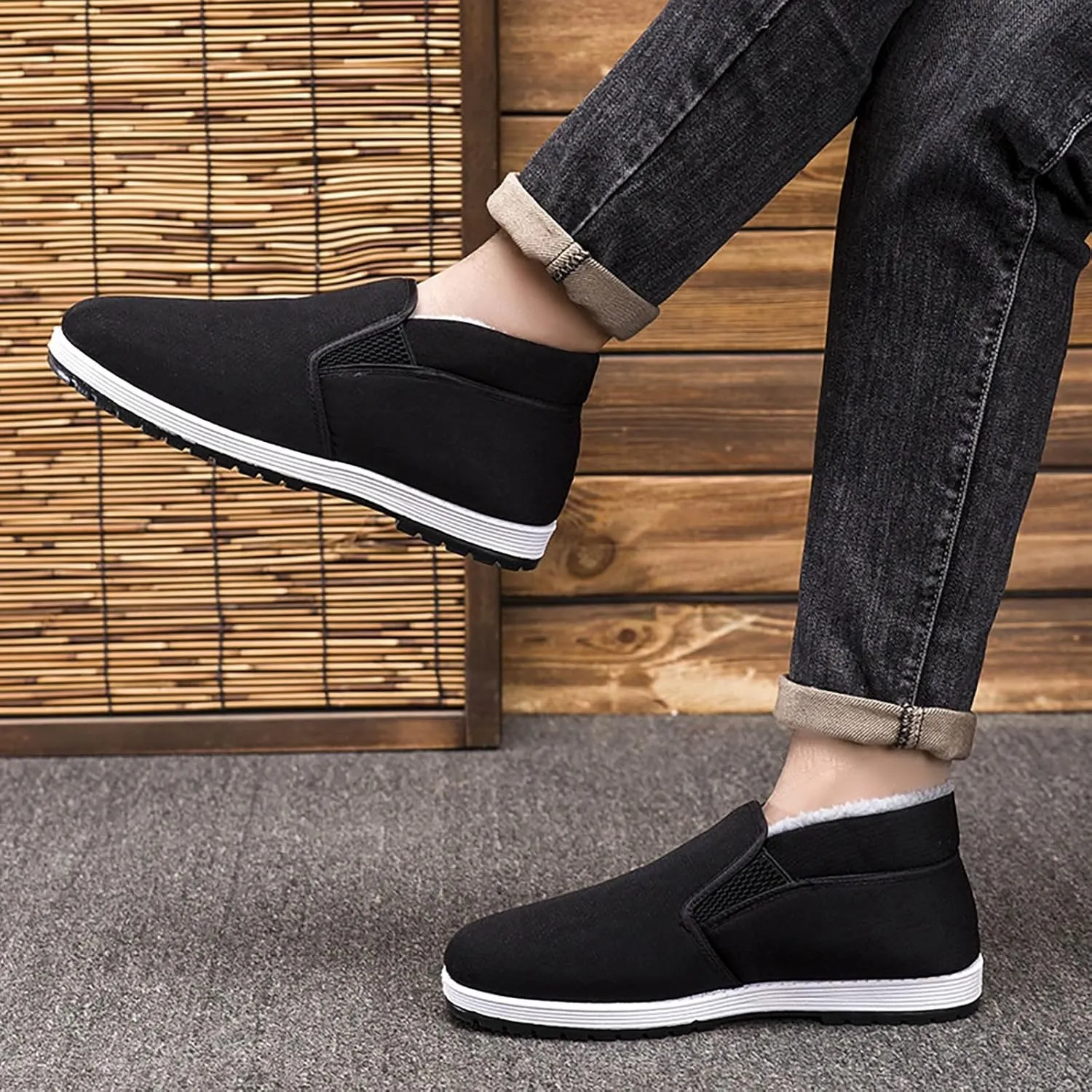 Mens Snow Boots Waterproof Fuzzy Furry Lined Winter Loafers Cold Weather Anti-Slip Ankle Boots Slip on Athletic Hiking Walking Shoes Sneakers
