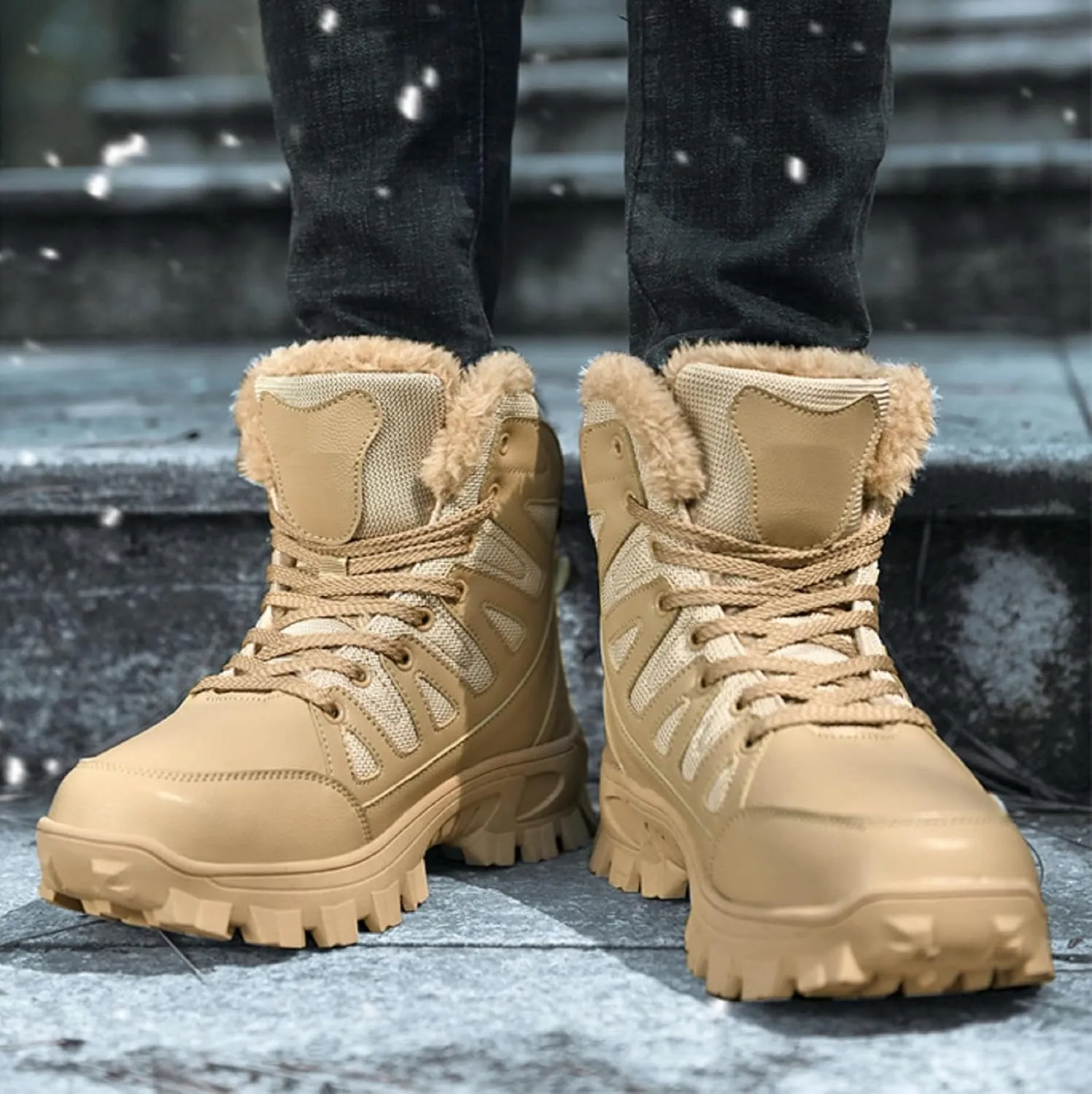 Mens Snow Boots Waterproof Warm Wool Lining Winter Hiking Boots,Non-Slip Outdoor Comfort Warm Work Boots Hiker Trekking Trail