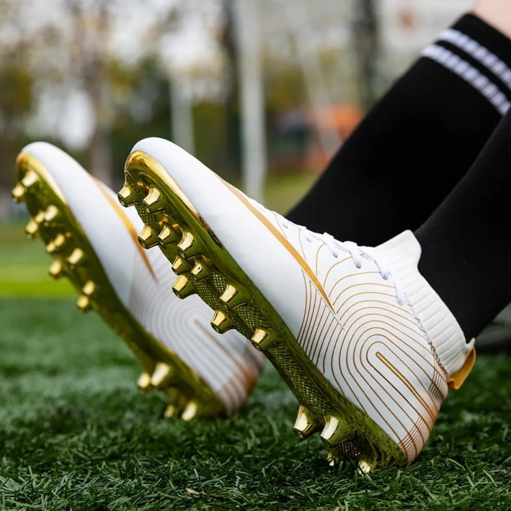 Men's Soccer Cleats High-Top Unisex Football Boots with Golden Soled Spikes for Outdoor and Indoor Training and Athletic Performance