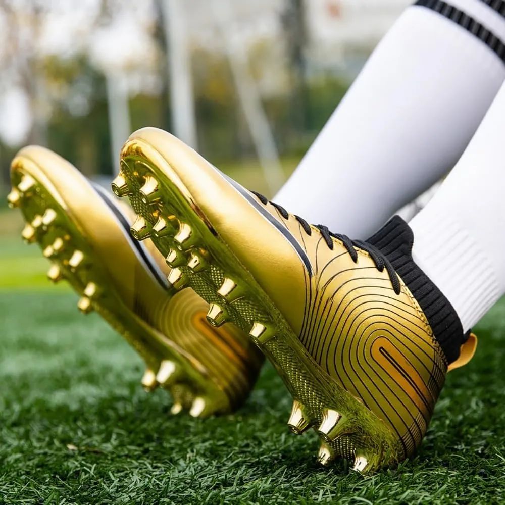 Men's Soccer Cleats High-Top Unisex Football Boots with Golden Soled Spikes for Outdoor and Indoor Training and Athletic Performance