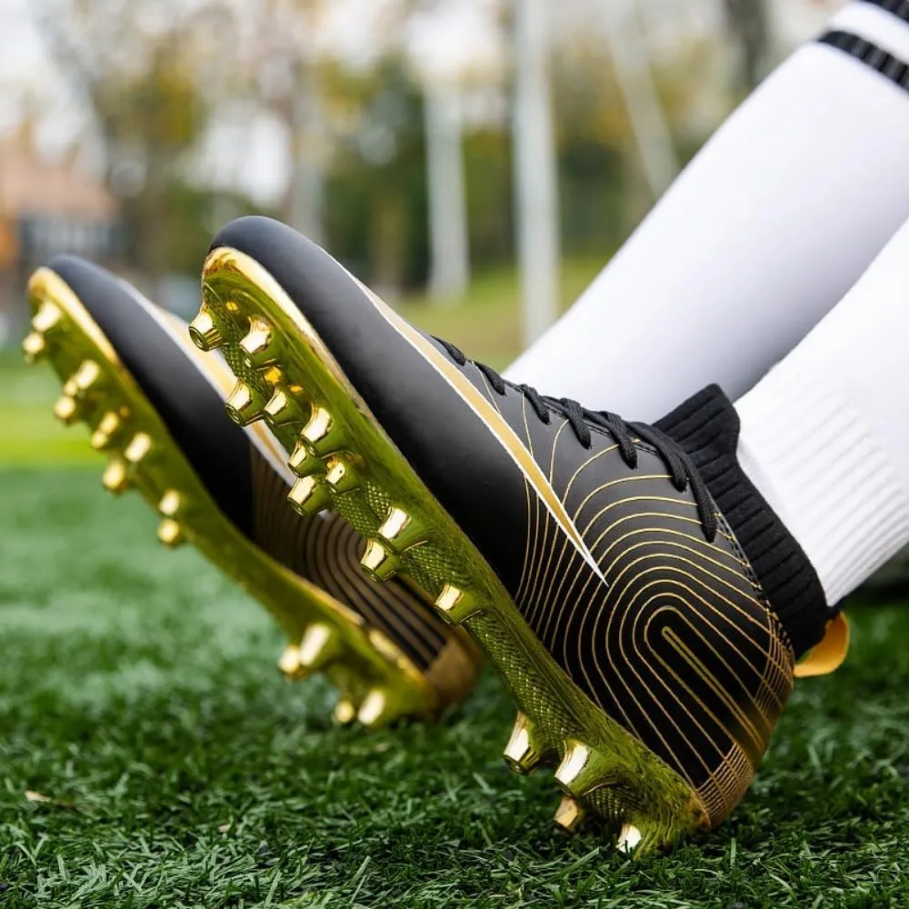 Men's Soccer Cleats High-Top Unisex Football Boots with Golden Soled Spikes for Outdoor and Indoor Training and Athletic Performance