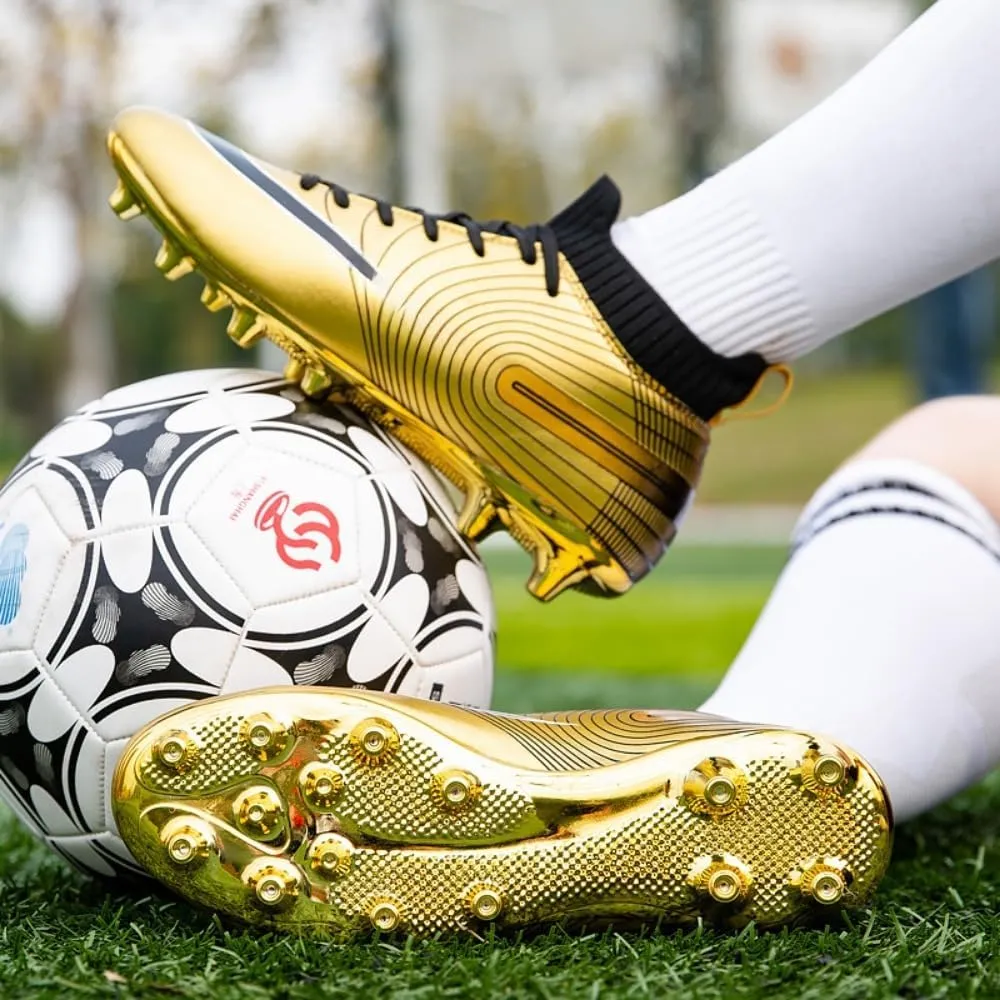 Men's Soccer Cleats High-Top Unisex Football Boots with Golden Soled Spikes for Outdoor and Indoor Training and Athletic Performance