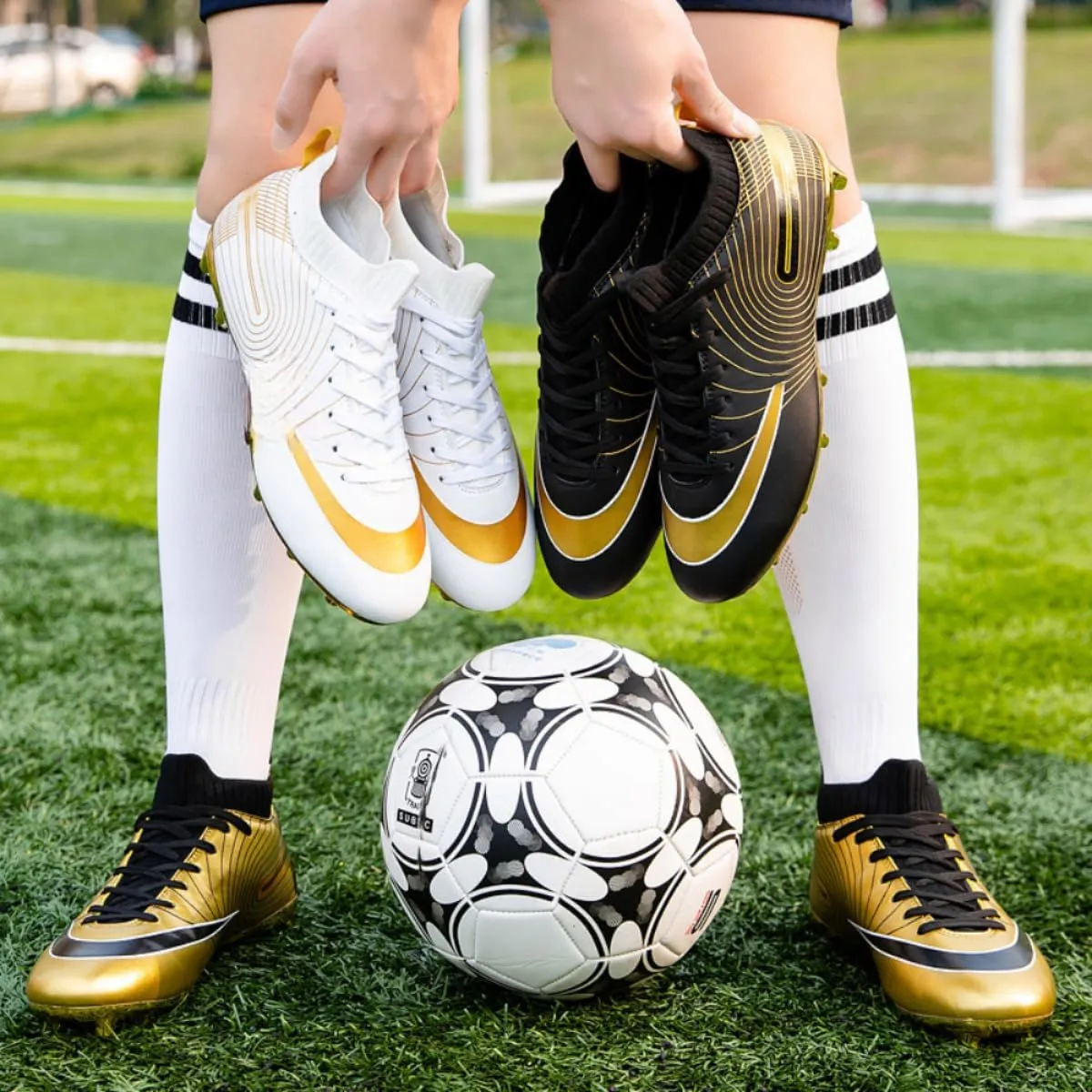 Men's Soccer Cleats High-Top Unisex Football Boots with Golden Soled Spikes for Outdoor and Indoor Training and Athletic Performance