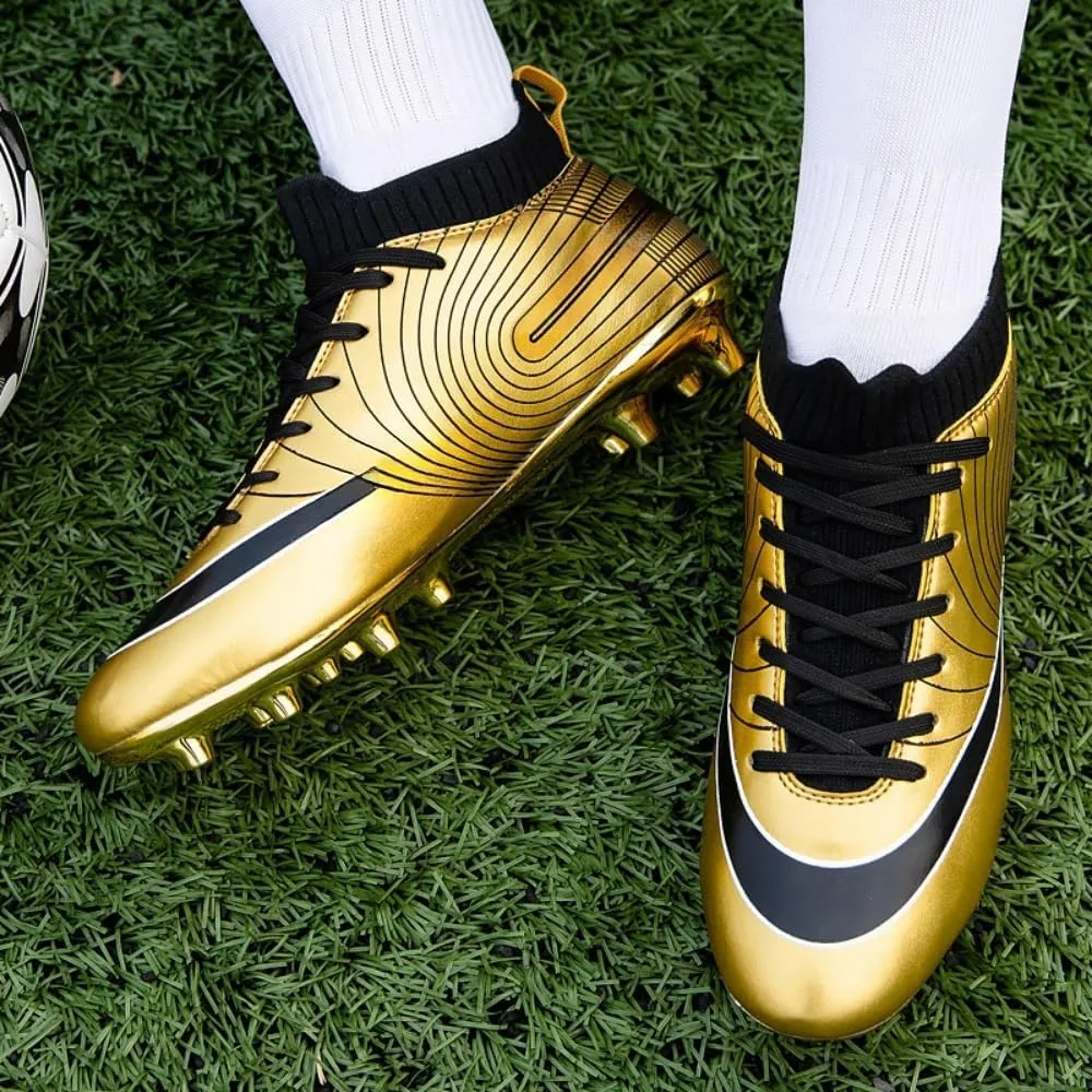 Men's Soccer Cleats High-Top Unisex Football Boots with Golden Soled Spikes for Outdoor and Indoor Training and Athletic Performance