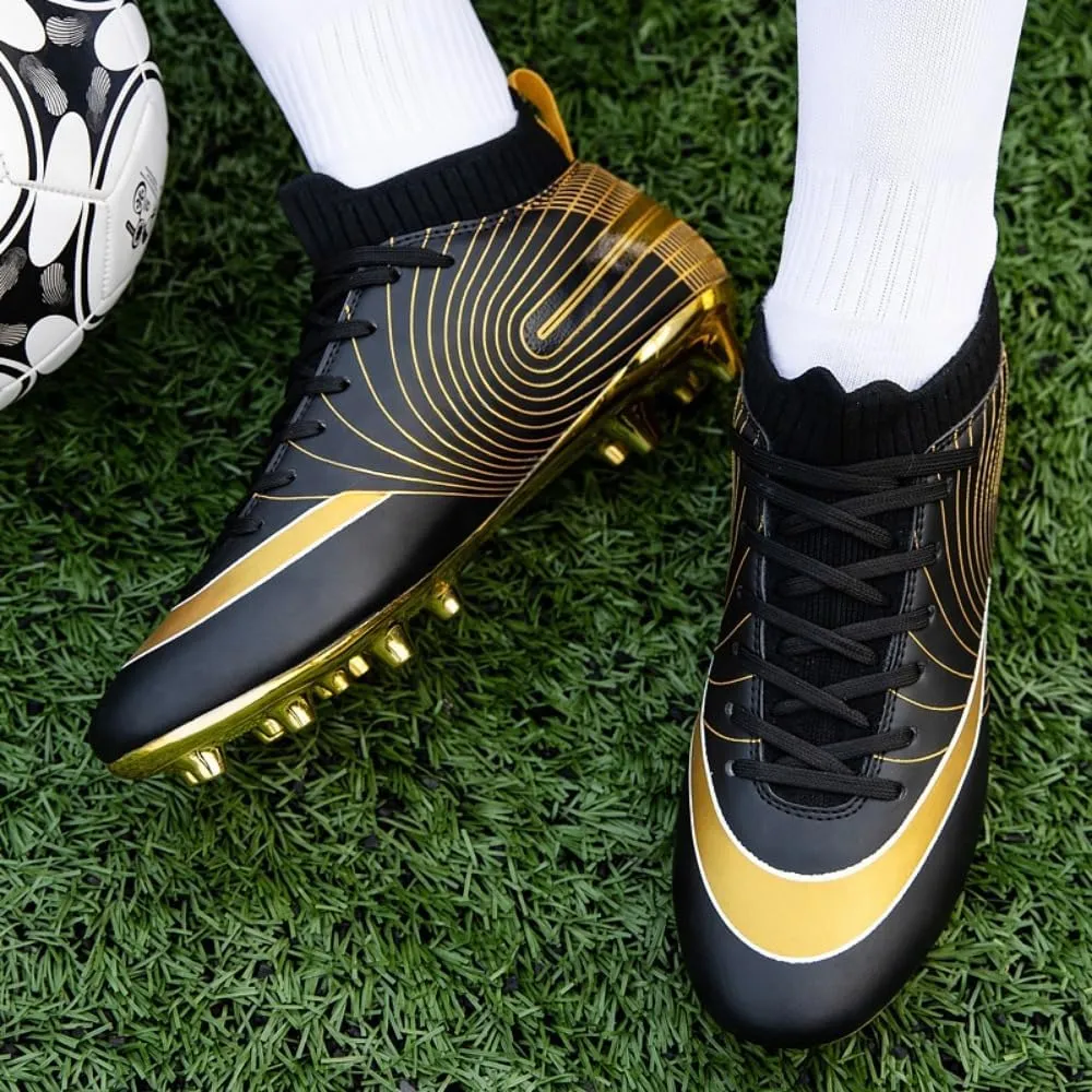 Men's Soccer Cleats High-Top Unisex Football Boots with Golden Soled Spikes for Outdoor and Indoor Training and Athletic Performance