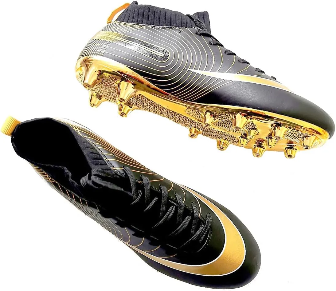Men's Soccer Cleats High-Top Unisex Football Boots with Golden Soled Spikes for Outdoor and Indoor Training and Athletic Performance