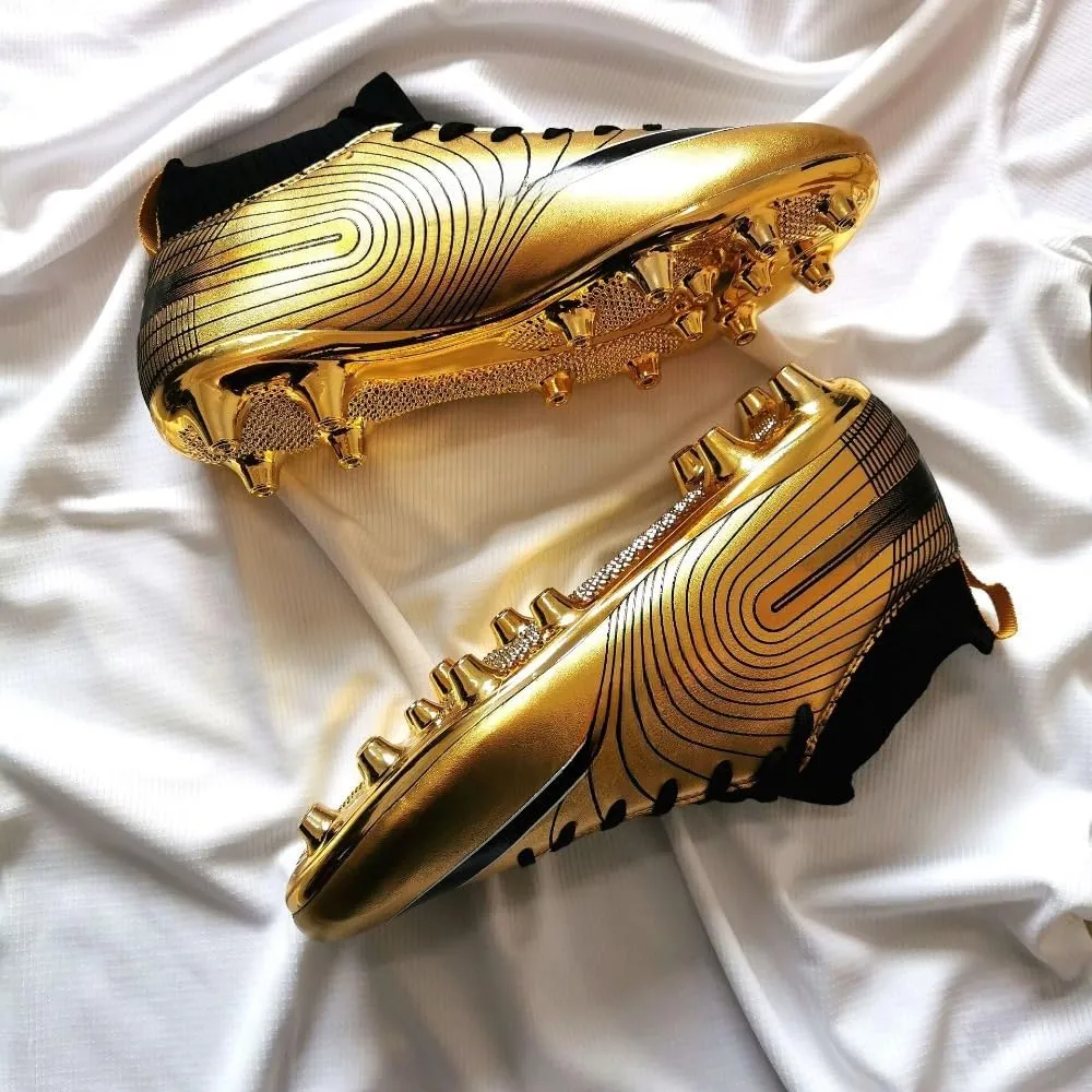 Men's Soccer Cleats High-Top Unisex Football Boots with Golden Soled Spikes for Outdoor and Indoor Training and Athletic Performance