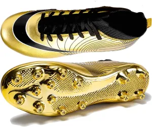 Men's Soccer Cleats High-Top Unisex Football Boots with Golden Soled Spikes for Outdoor and Indoor Training and Athletic Performance