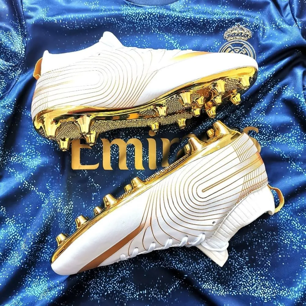Men's Soccer Cleats High-Top Unisex Football Boots with Golden Soled Spikes for Outdoor and Indoor Training and Athletic Performance