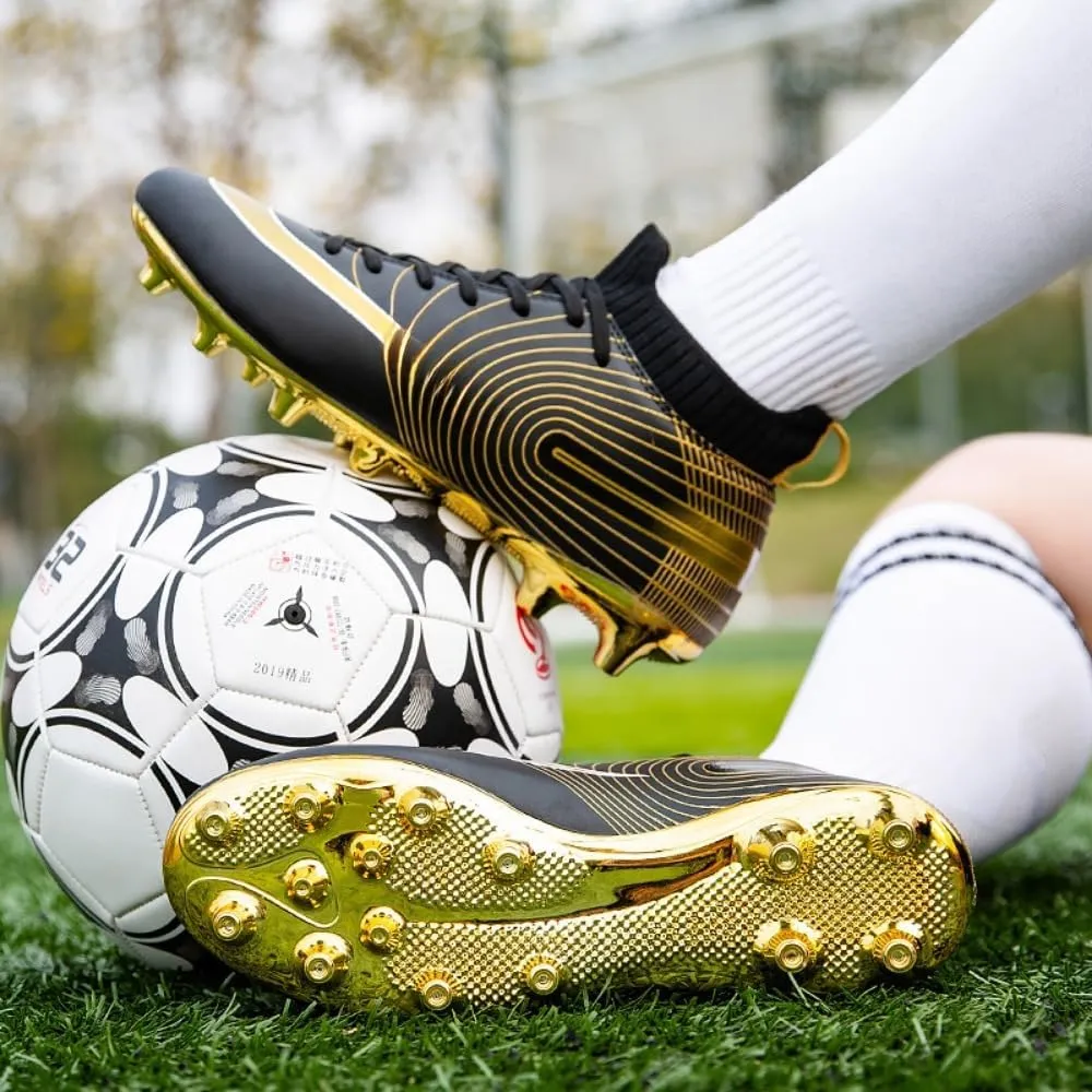 Men's Soccer Cleats High-Top Unisex Football Boots with Golden Soled Spikes for Outdoor and Indoor Training and Athletic Performance