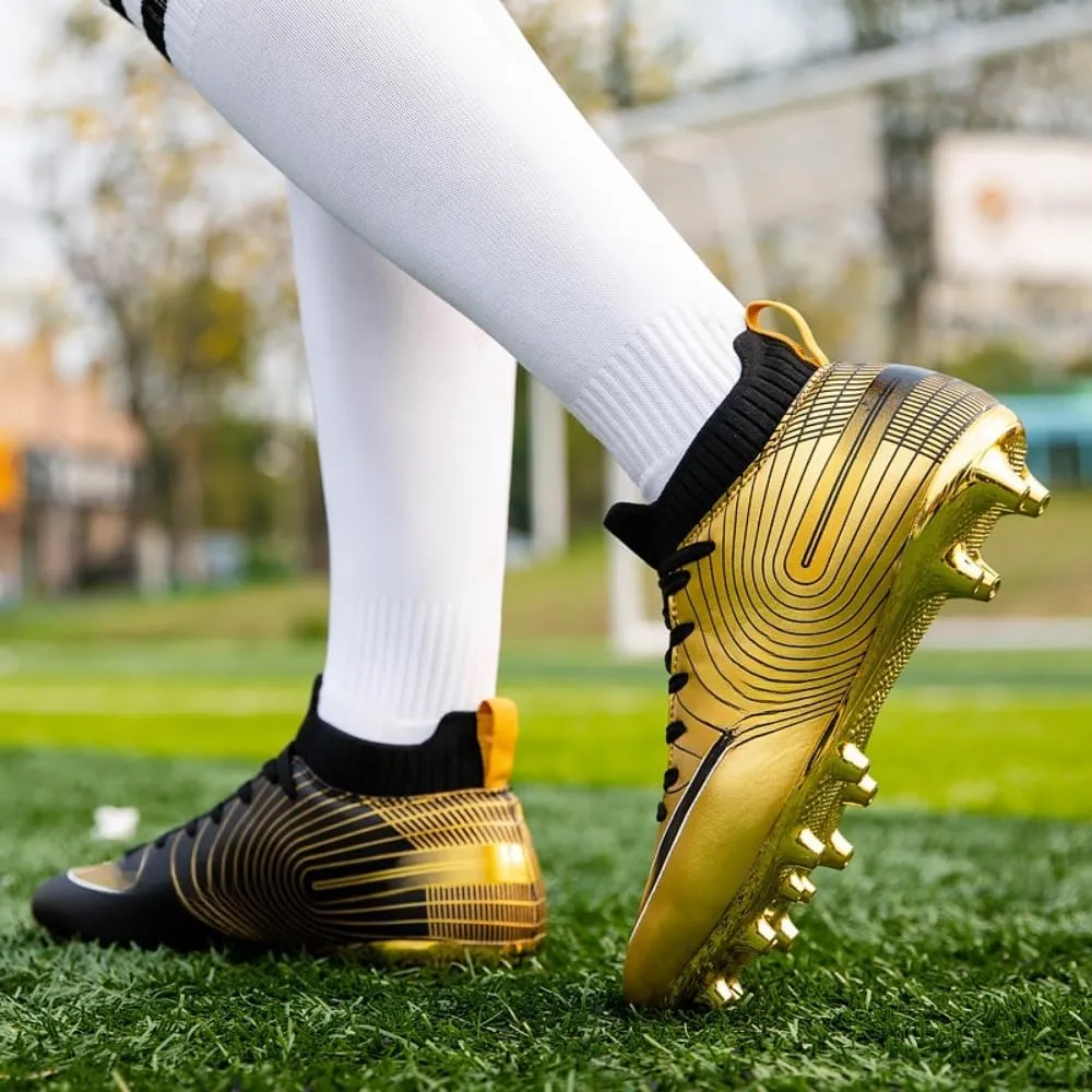 Men's Soccer Cleats High-Top Unisex Football Boots with Golden Soled Spikes for Outdoor and Indoor Training and Athletic Performance