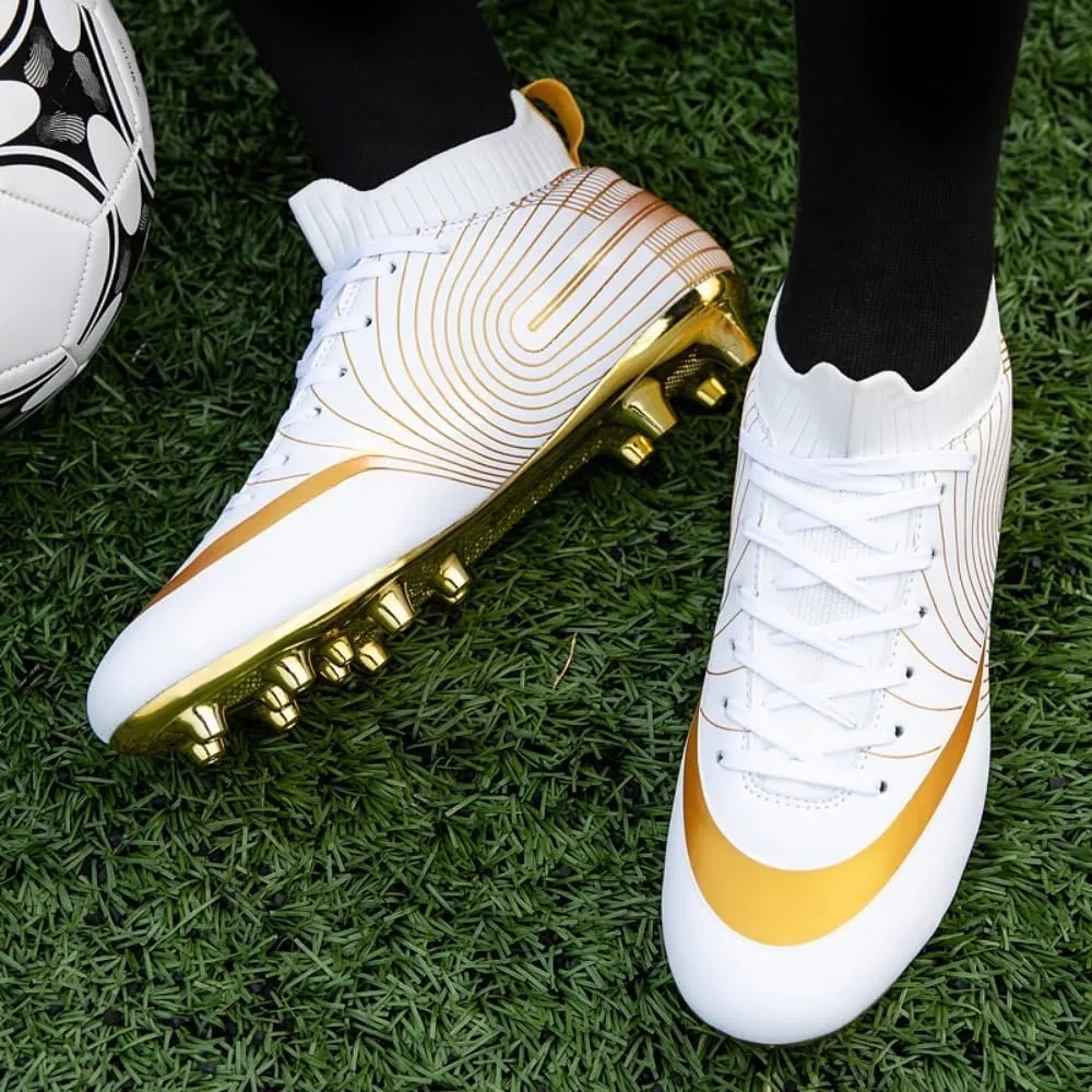 Men's Soccer Cleats High-Top Unisex Football Boots with Golden Soled Spikes for Outdoor and Indoor Training and Athletic Performance