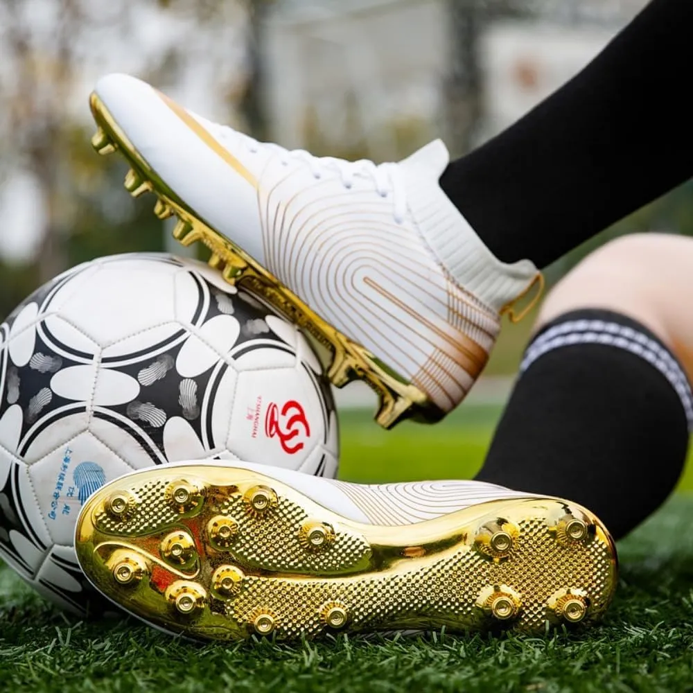 Men's Soccer Cleats High-Top Unisex Football Boots with Golden Soled Spikes for Outdoor and Indoor Training and Athletic Performance