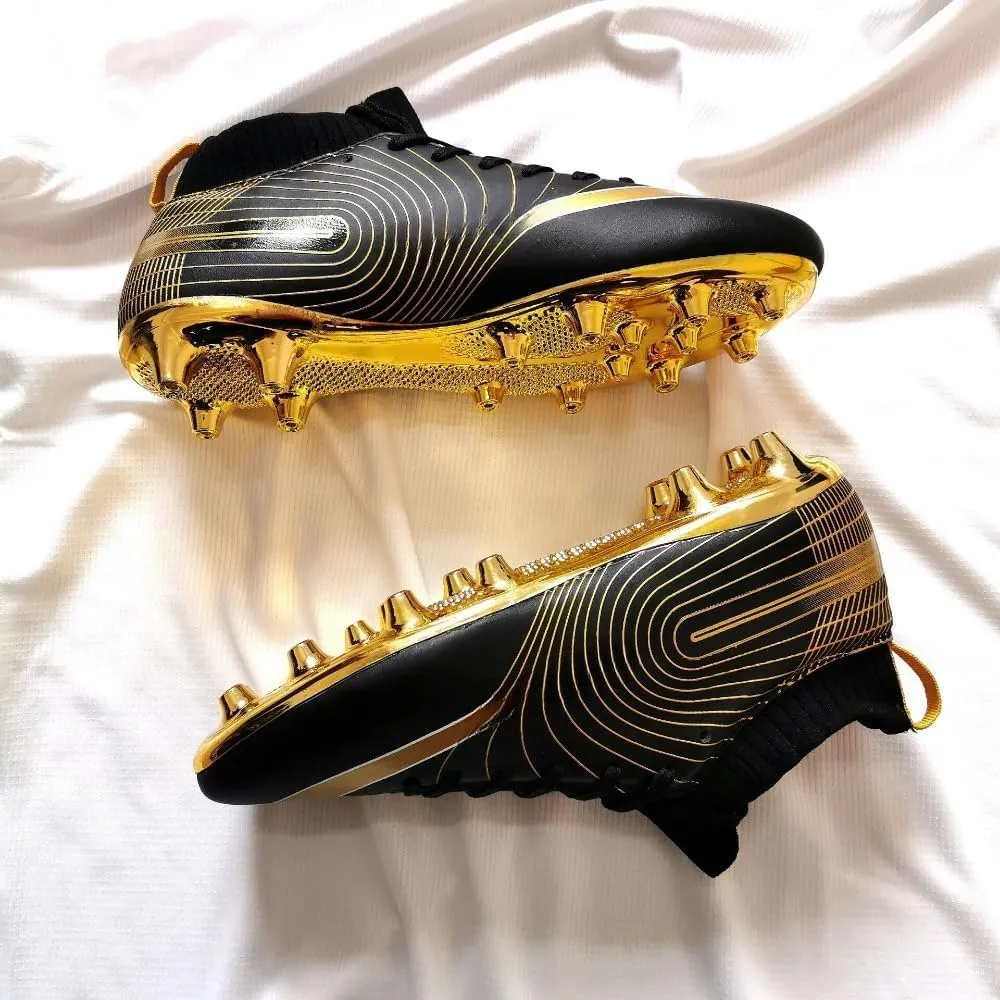 Men's Soccer Cleats High-Top Unisex Football Boots with Golden Soled Spikes for Outdoor and Indoor Training and Athletic Performance