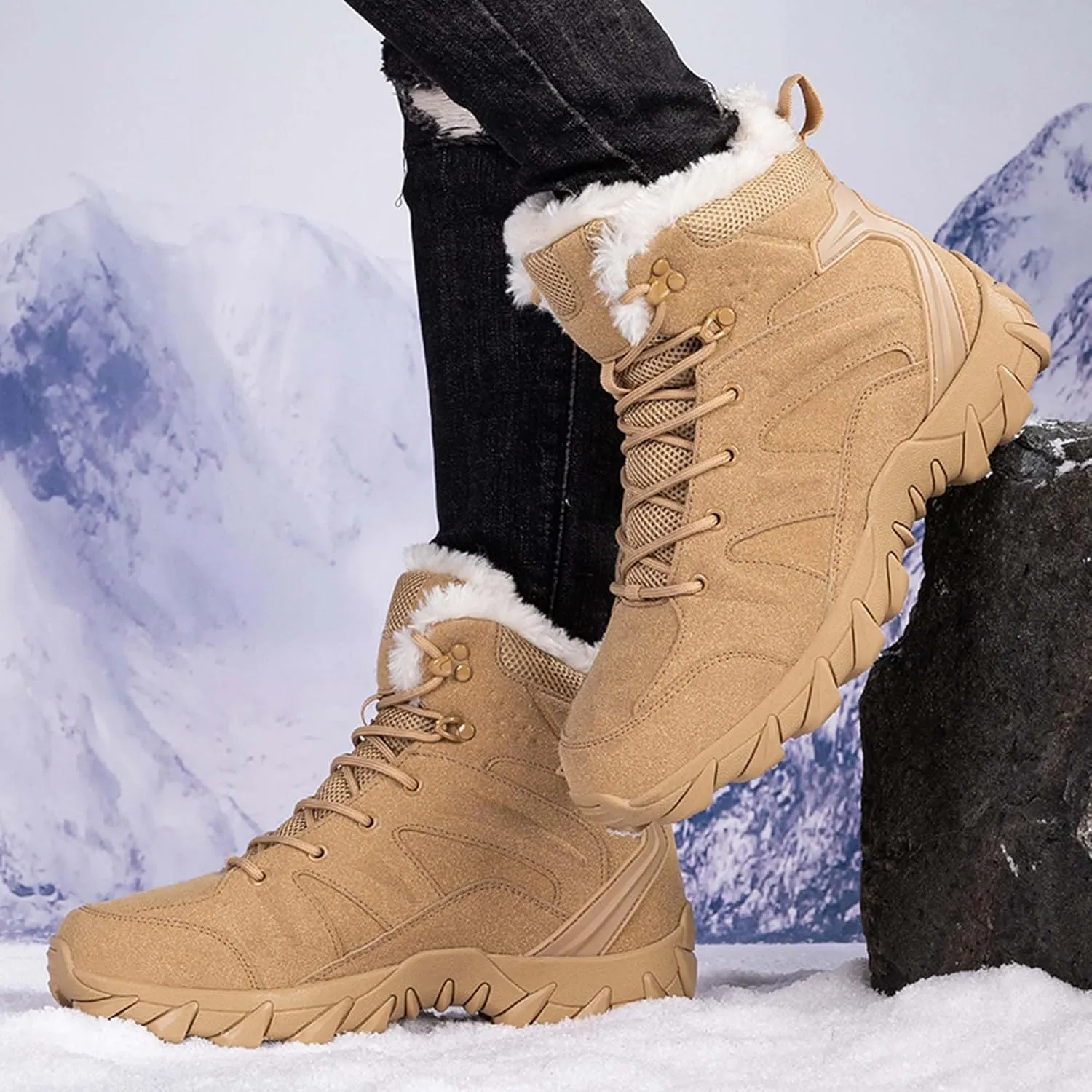 Men's Velvet Thickened Outdoor Hiking Tactical Boots Training Military Boots Waterproof Anti Slip Wear-Resistant Tactical Boots Work Boots Combat Boots