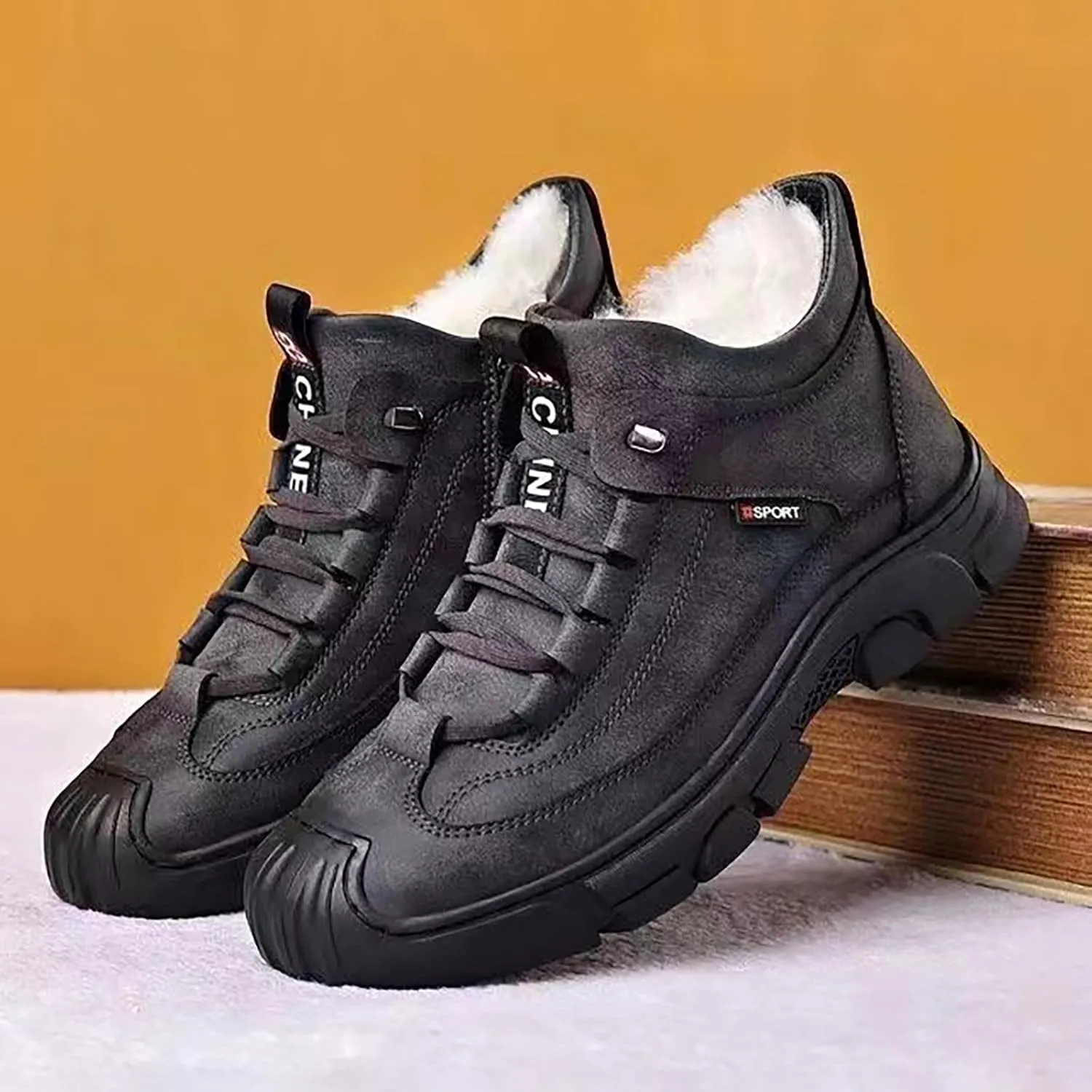 Men's Winter Lace Up Plush and Thickened Casual Soft Sole Slip Fashionable Leather Upper Mens Wide Walking Boots