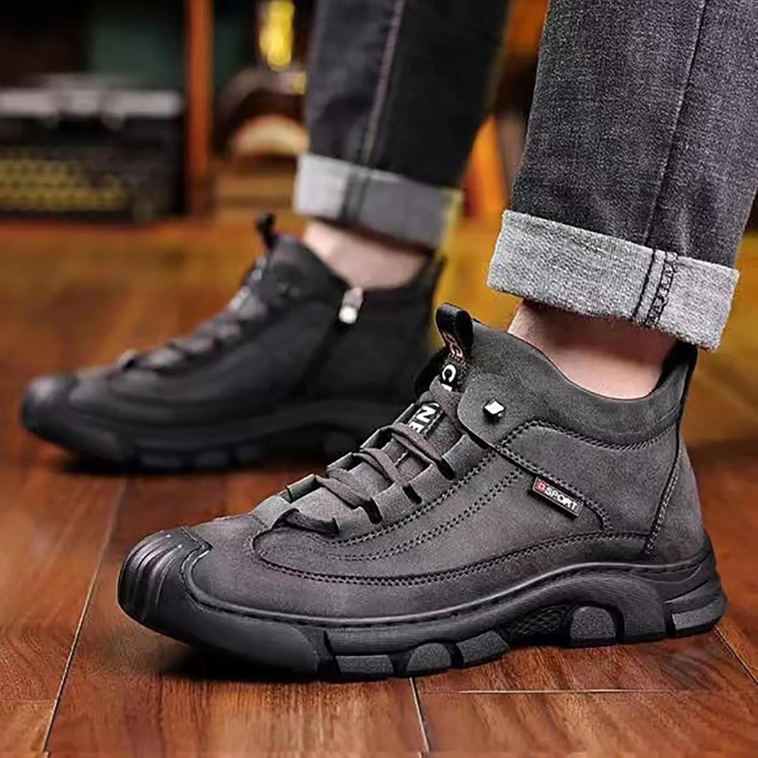 Men's Winter Lace Up Plush and Thickened Casual Soft Sole Slip Fashionable Leather Upper Mens Wide Walking Boots