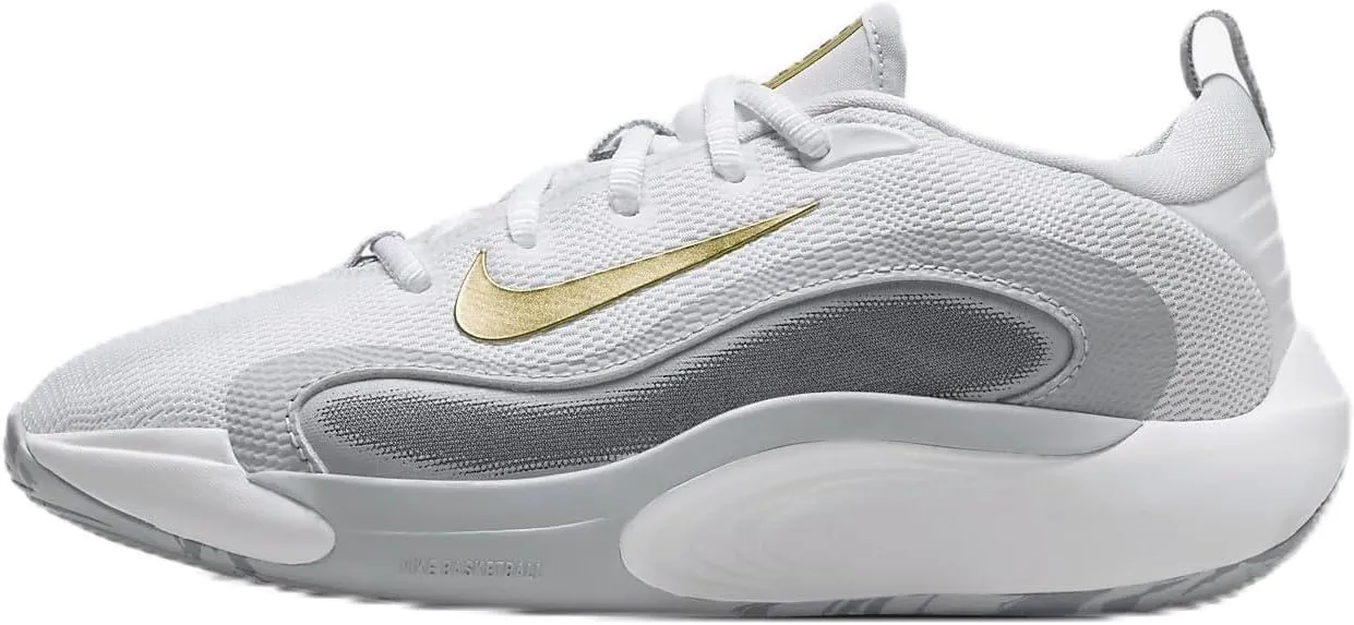 Nike IsoFly Big Kids' Basketball Shoes (FN4384-100, White/Cool Grey/Wolf Grey/Metallic Gold Star) Size 4.5