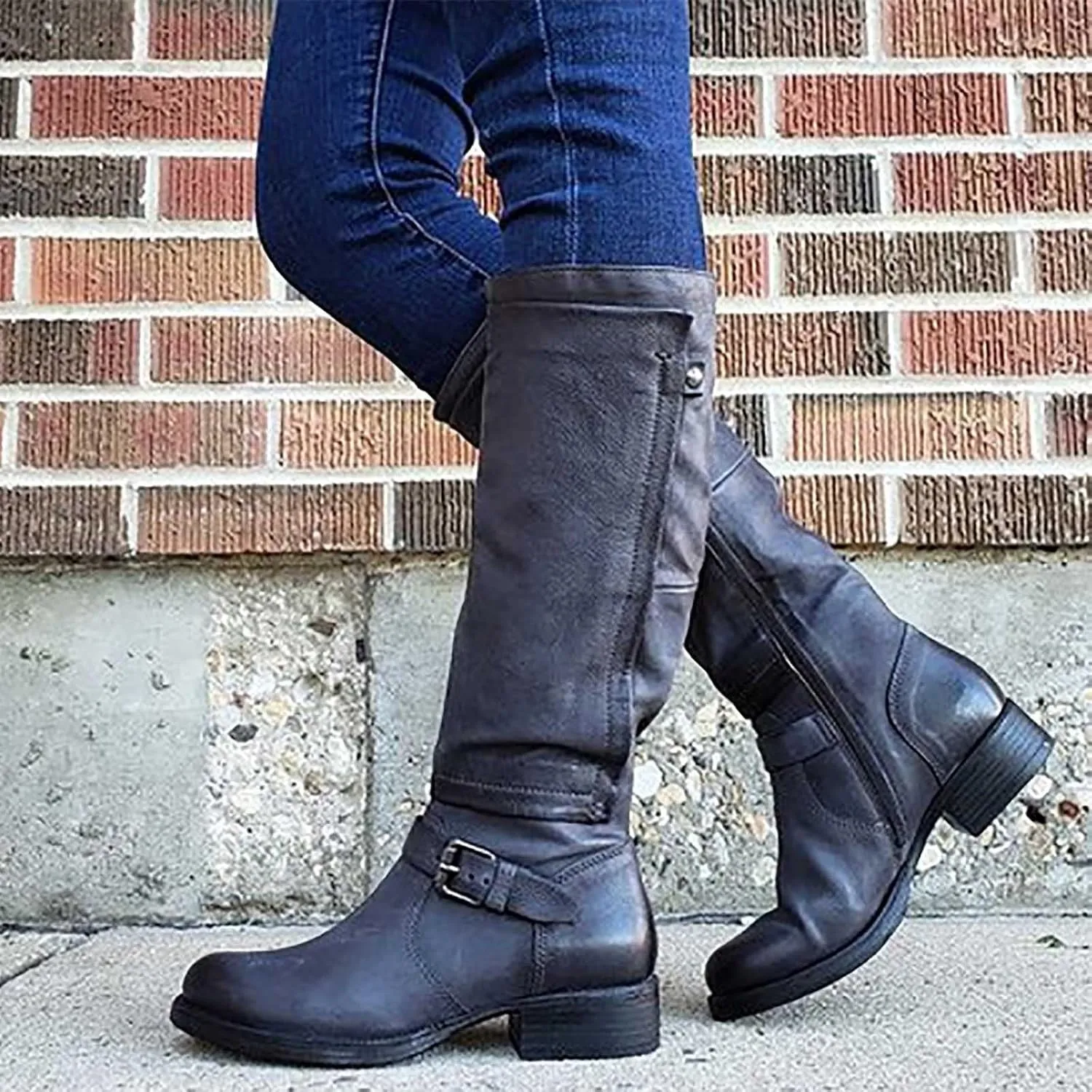 oiangi Boots for Women Knee High - Fashion Belt Buckle Side Zipper Chunky Low Heel Round Toe High Boots Solid Casual Comfortable Square Heel Shoes