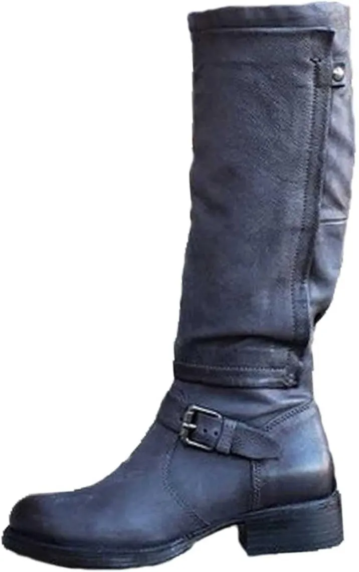 oiangi Boots for Women Knee High - Fashion Belt Buckle Side Zipper Chunky Low Heel Round Toe High Boots Solid Casual Comfortable Square Heel Shoes