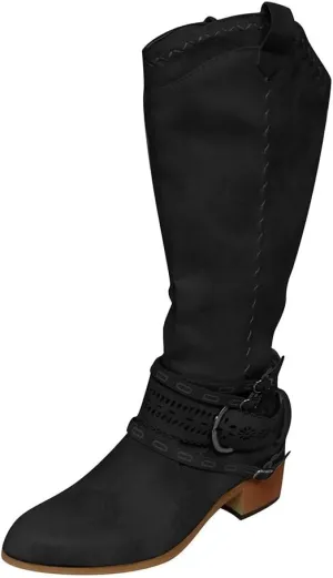 oiangi Women Chunky Cowboy Riding Boots Solid Casual Strap Buckle Warm Thick Heel Mid Calf Boots Winter Comfortable Ladies Outdoor Square Heel Shoes