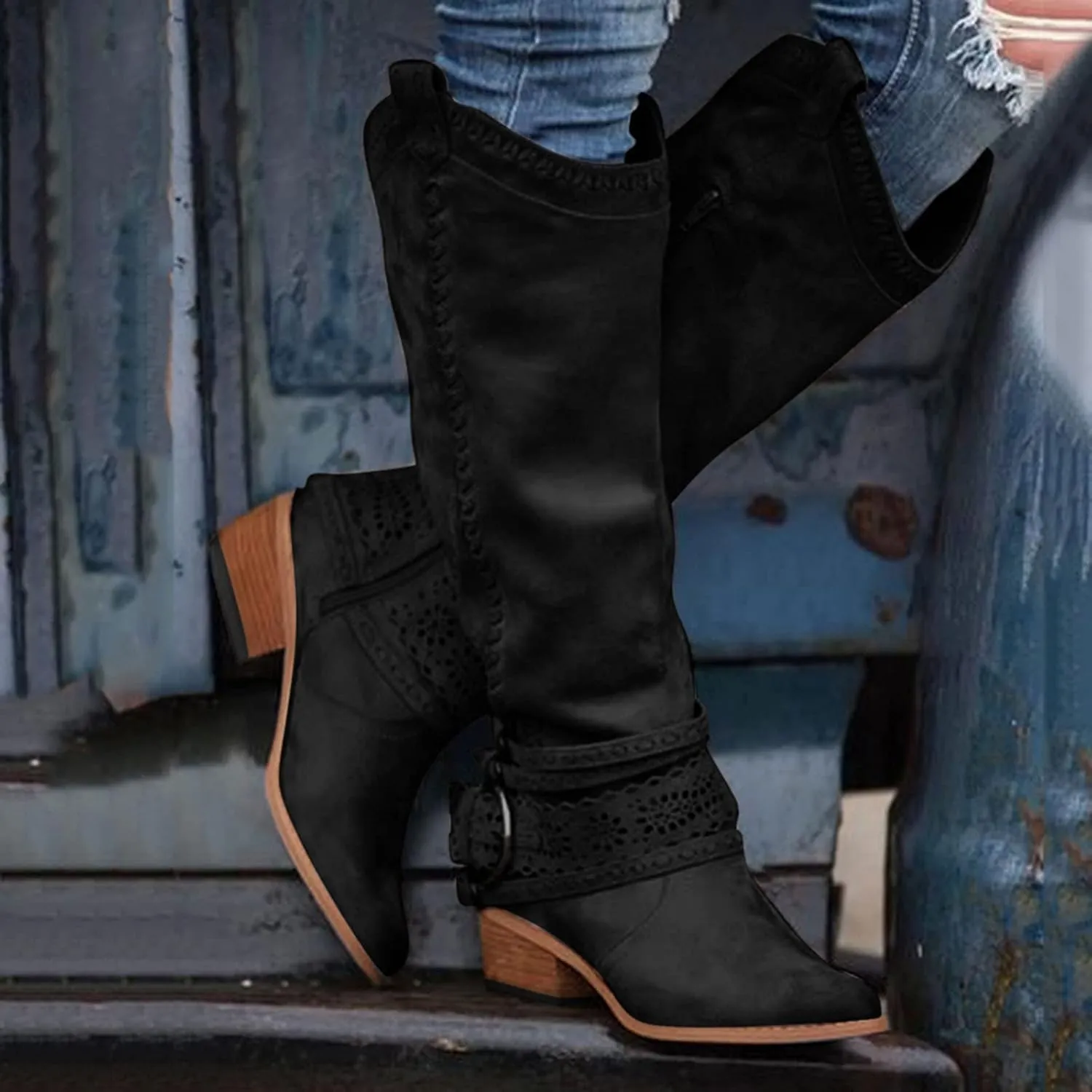 oiangi Women Chunky Cowboy Riding Boots Solid Casual Strap Buckle Warm Thick Heel Mid Calf Boots Winter Comfortable Ladies Outdoor Square Heel Shoes