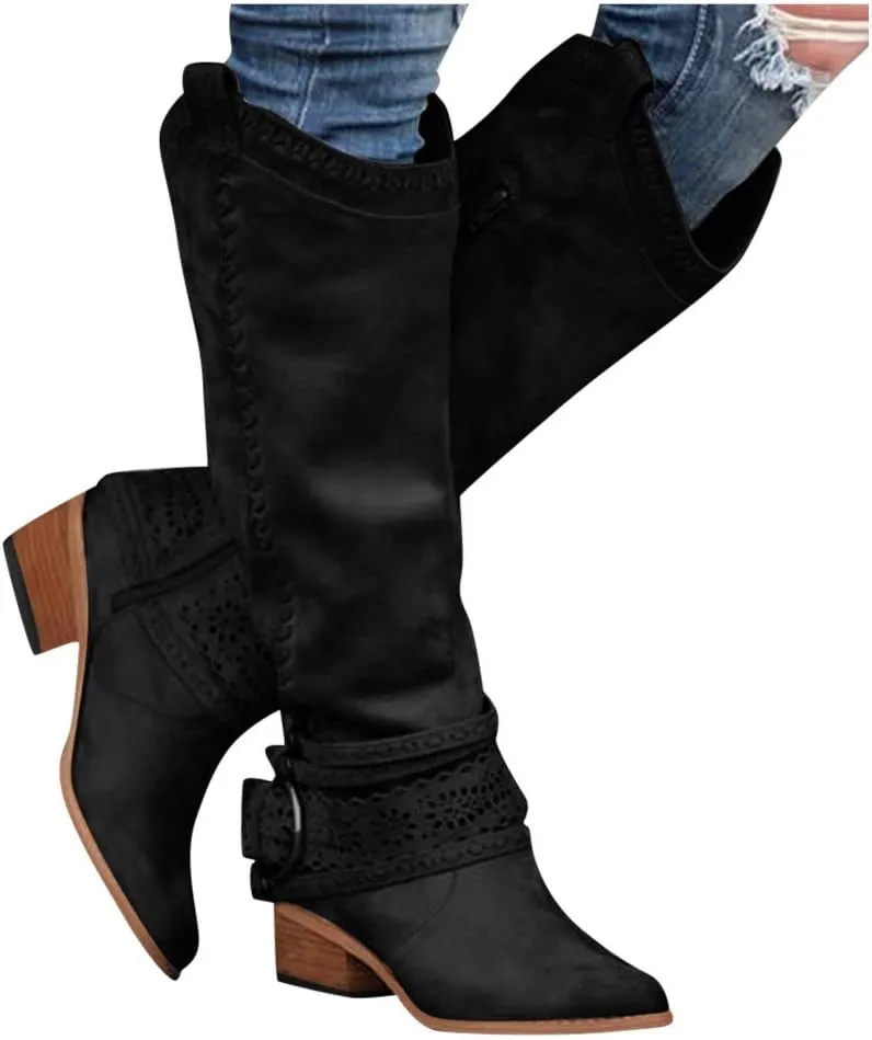 oiangi Women Chunky Cowboy Riding Boots Solid Casual Strap Buckle Warm Thick Heel Mid Calf Boots Winter Comfortable Ladies Outdoor Square Heel Shoes