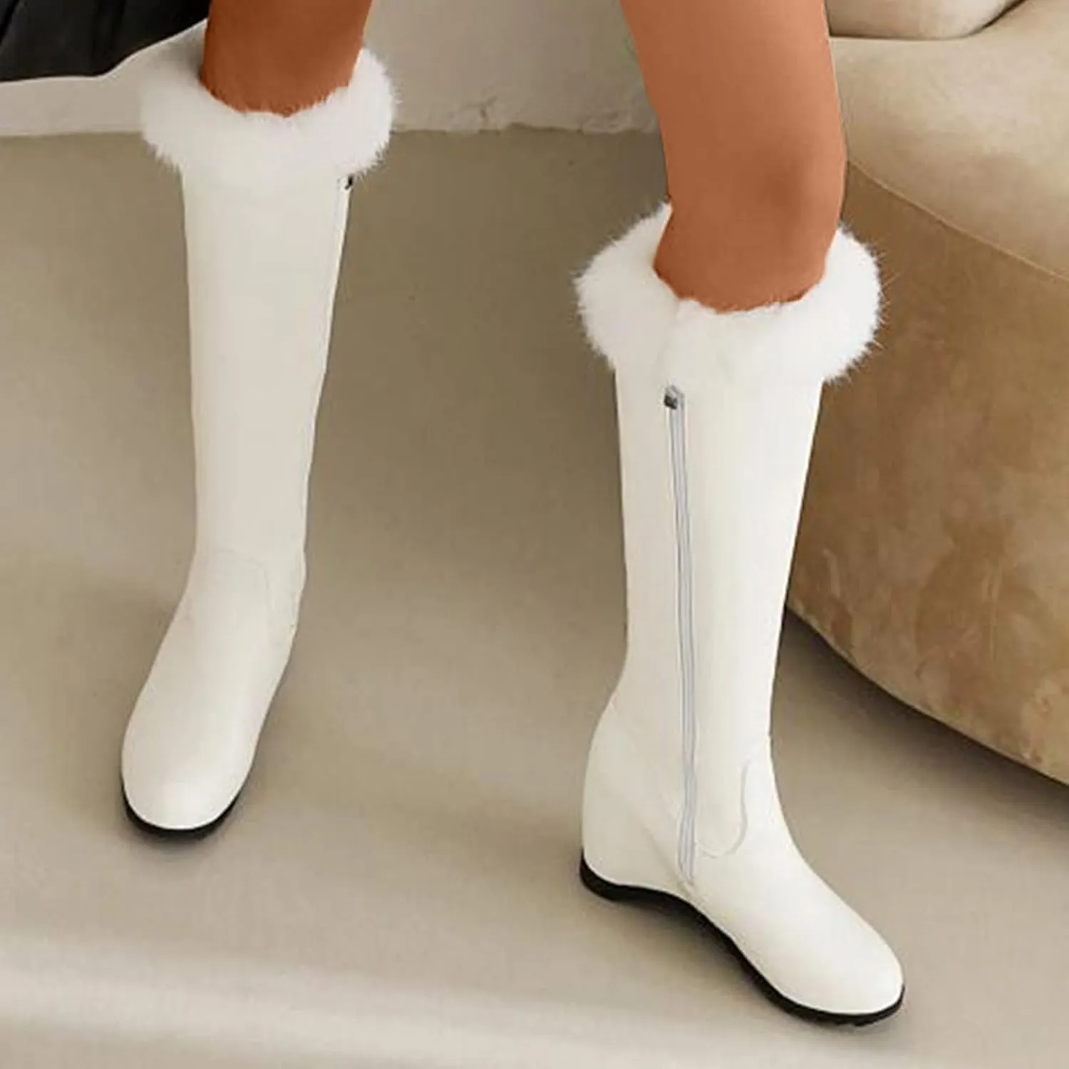 peqiut Womens Snow Boots Winter Snow Shoes Solid Color Side Zipper Ankle Boots Wedge Heel Leather Boots for Women Comfort