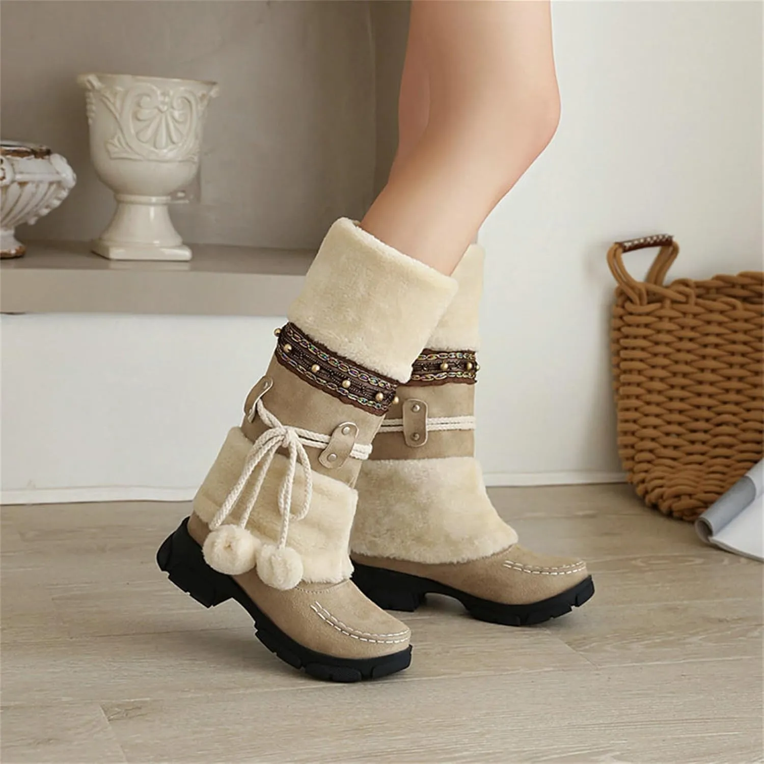 SACFOF Mid Calf Boots for Women,Winter Lace Up Pompoms Platform Anti-Slip Furry Snow Boots Fur Lined Keep Warm Knight Boots