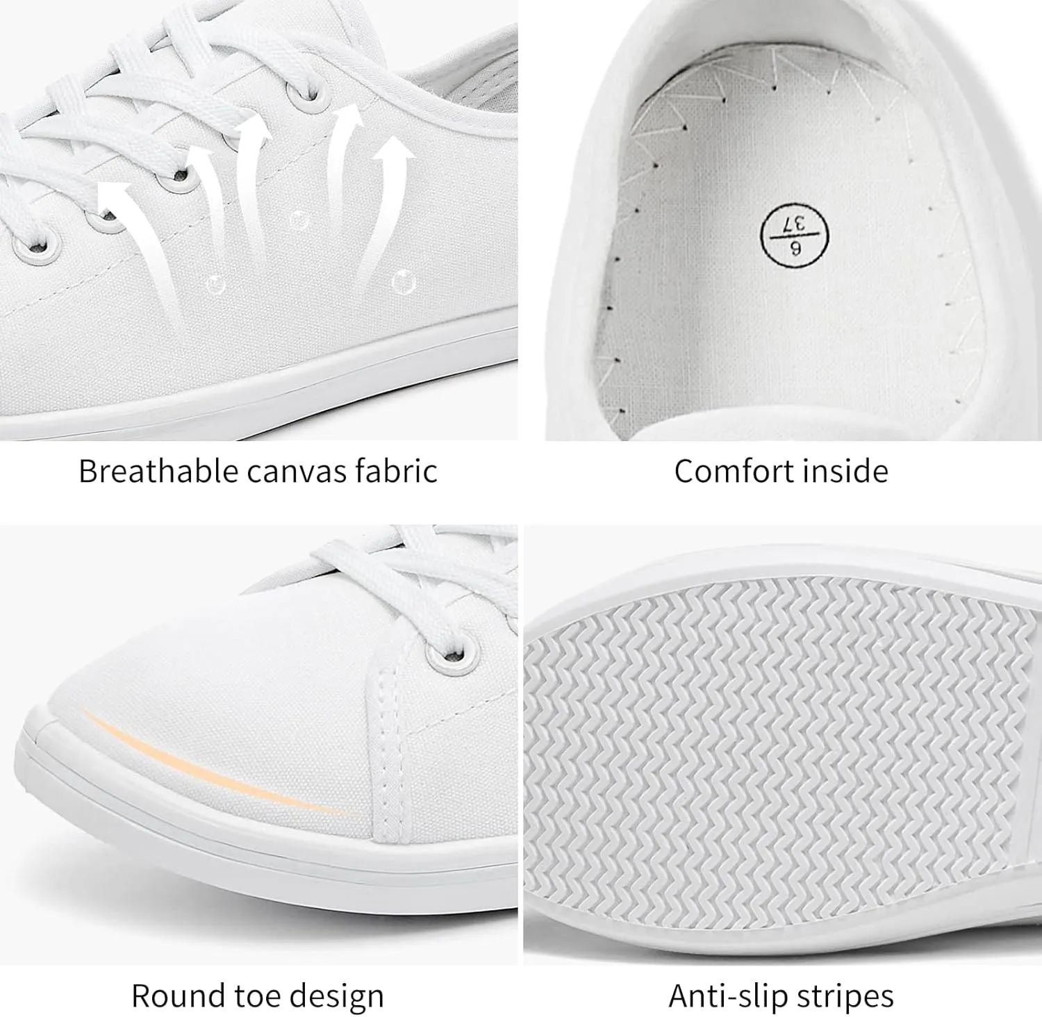 Shupua Women's Casual Canvas Sneakers, White, Lace Up Flats