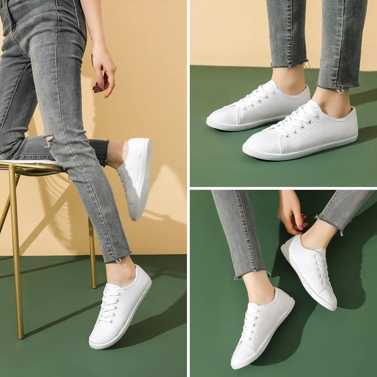 Shupua Women's Casual Canvas Sneakers, White, Lace Up Flats