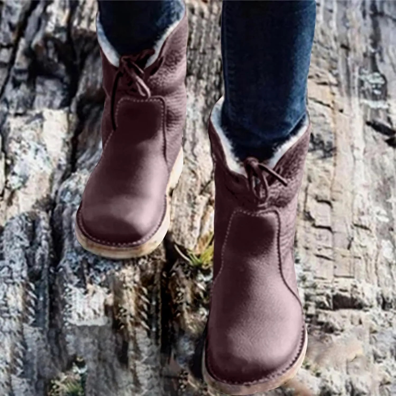 Snow Boots for Women Waterproof Leather Winter Boots Western Christmas Fur Boots Outdoor Anti-slip Mid Calf Boots