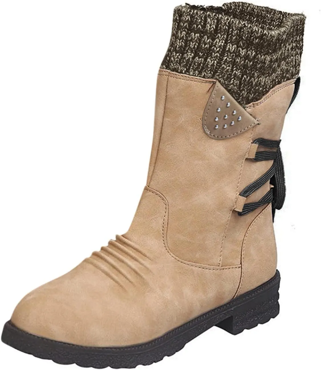 SnowBoots for Women Warm Stretch Knit Winter Shoes Lace Up Mid Calf Boots Slouchy Suede Boots Non Slip Hiking Boots