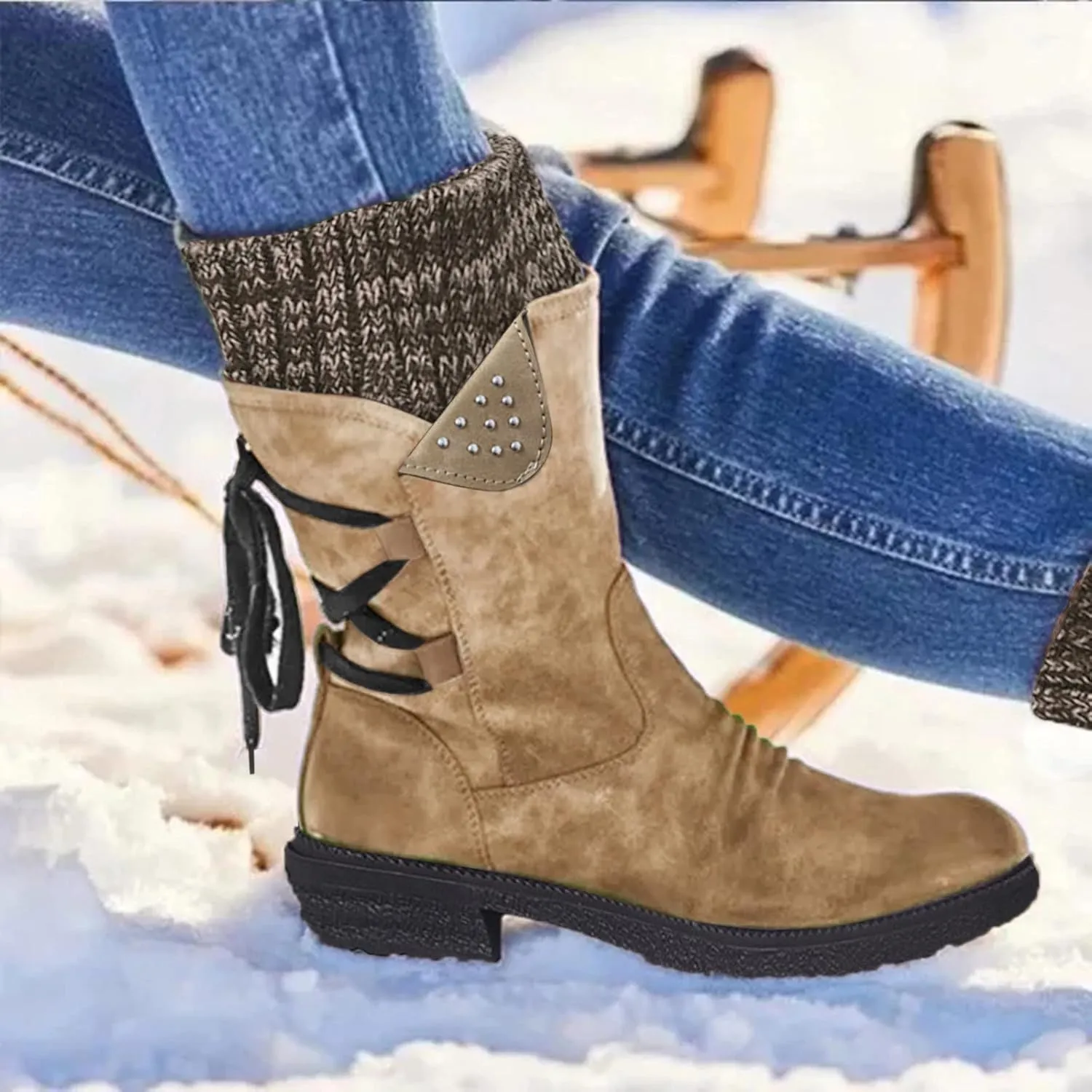 SnowBoots for Women Warm Stretch Knit Winter Shoes Lace Up Mid Calf Boots Slouchy Suede Boots Non Slip Hiking Boots